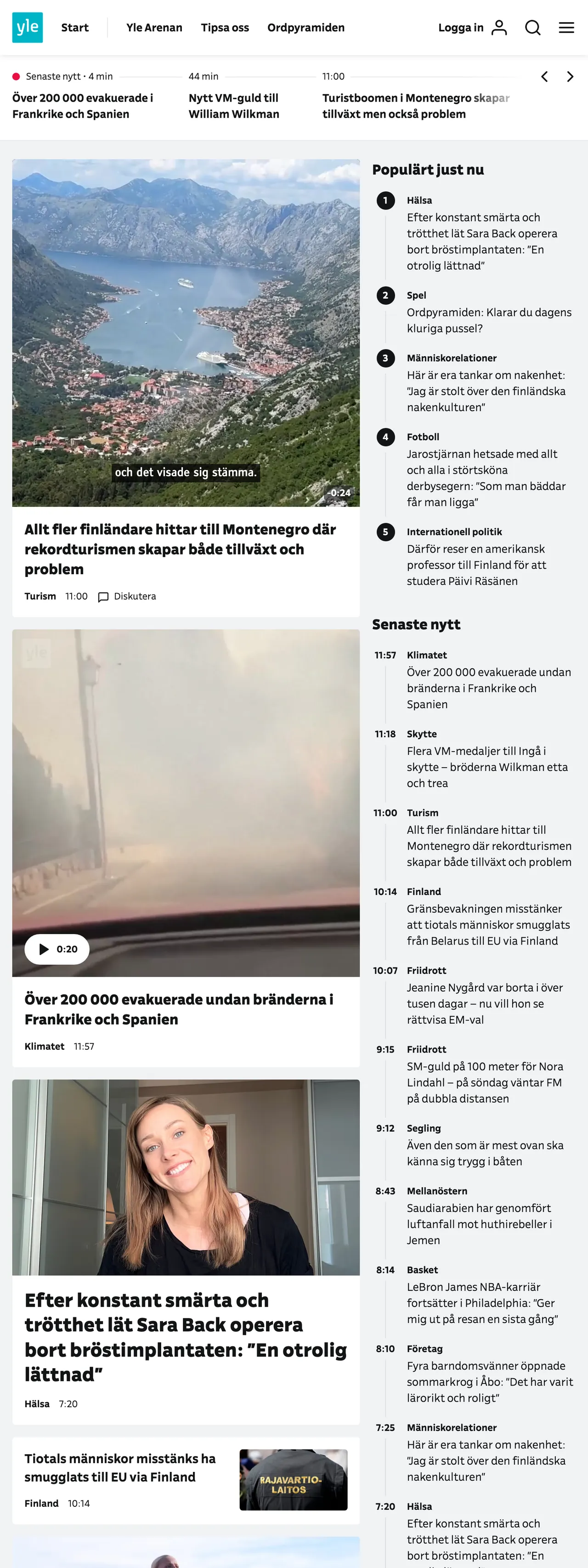 Screenshot of the Svenska Yle front page