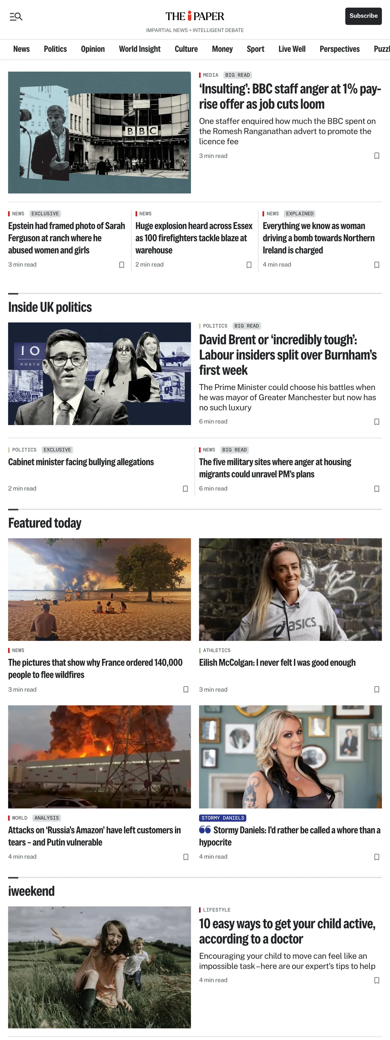 Screenshot of the The i Paper front page