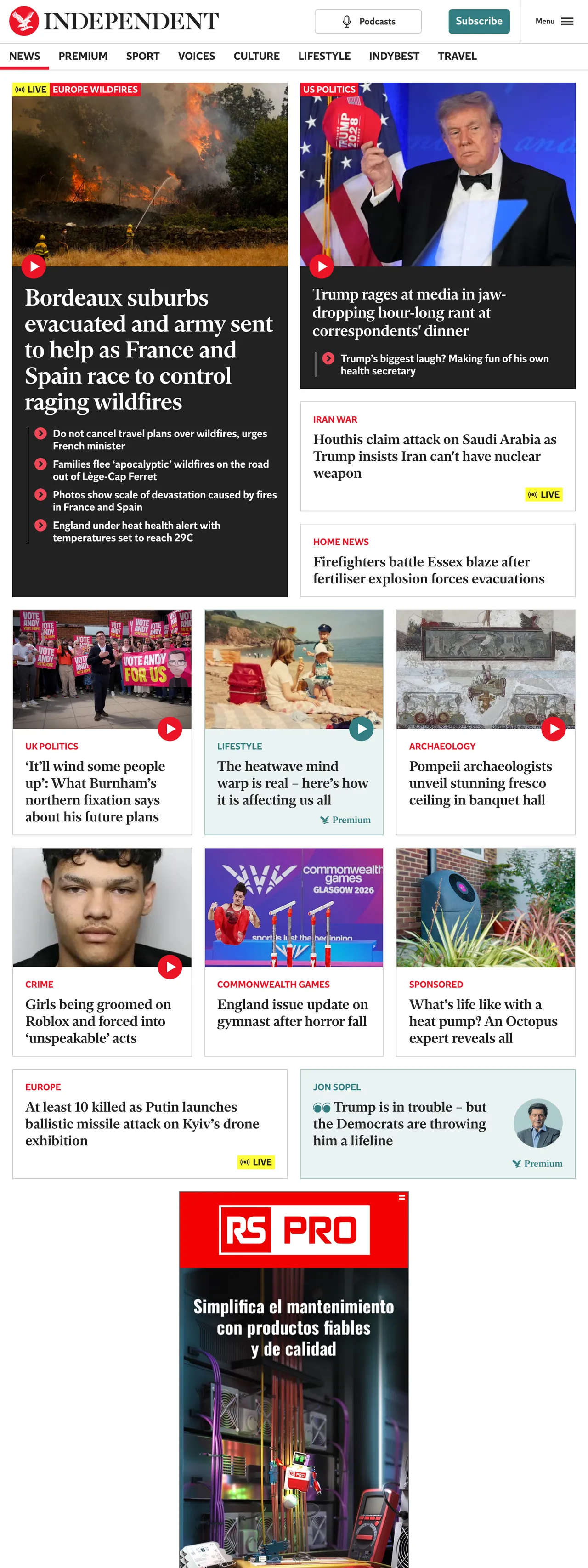 Screenshot of the The Independent front page