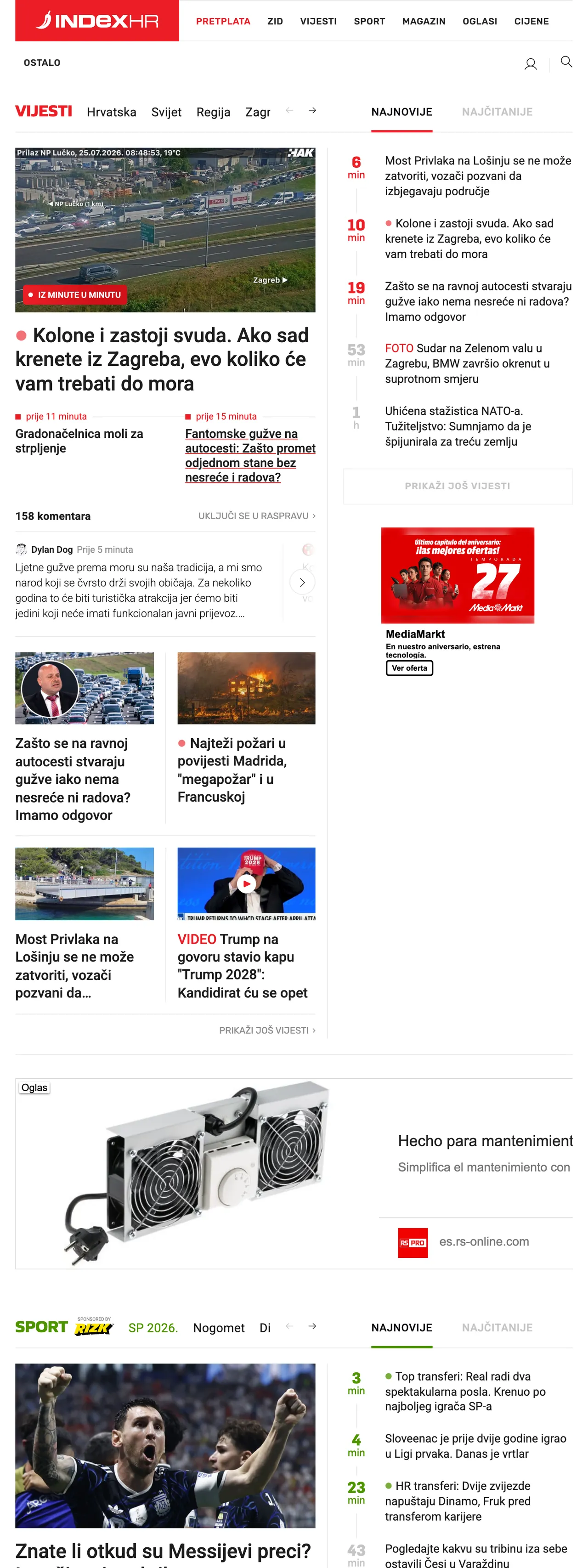 Screenshot of the Index.hr front page