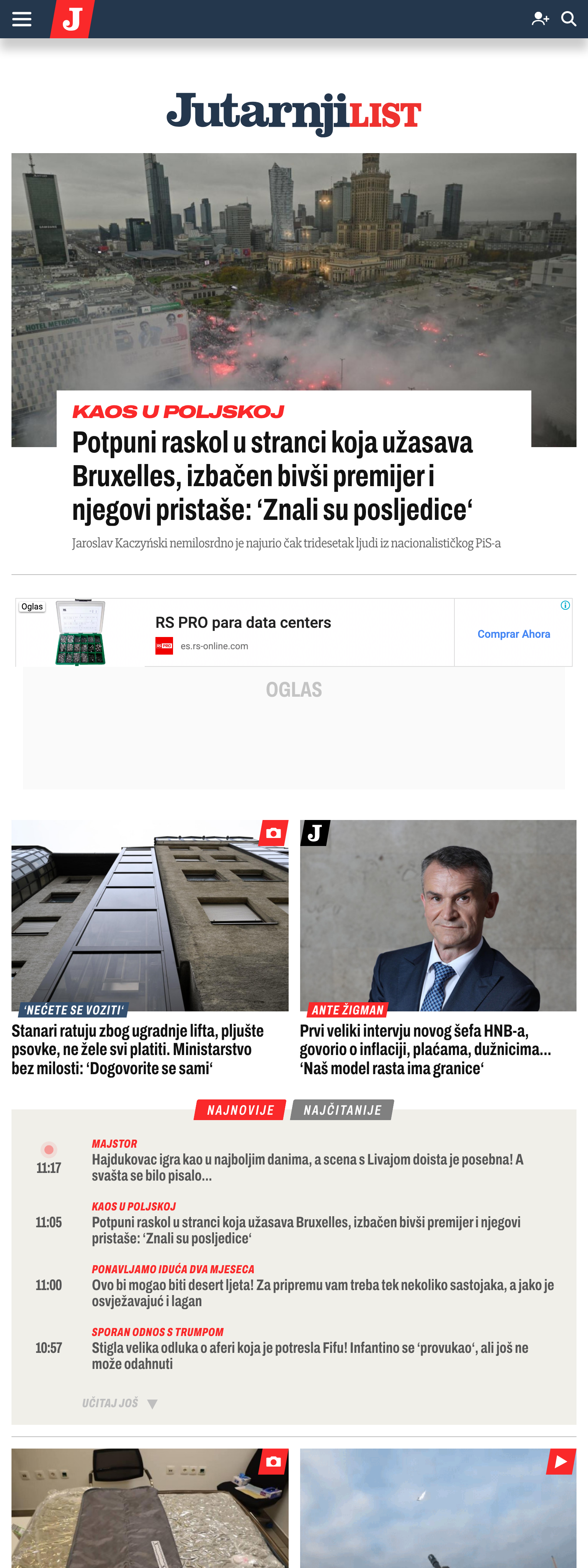 Screenshot of the Jutarnji list front page