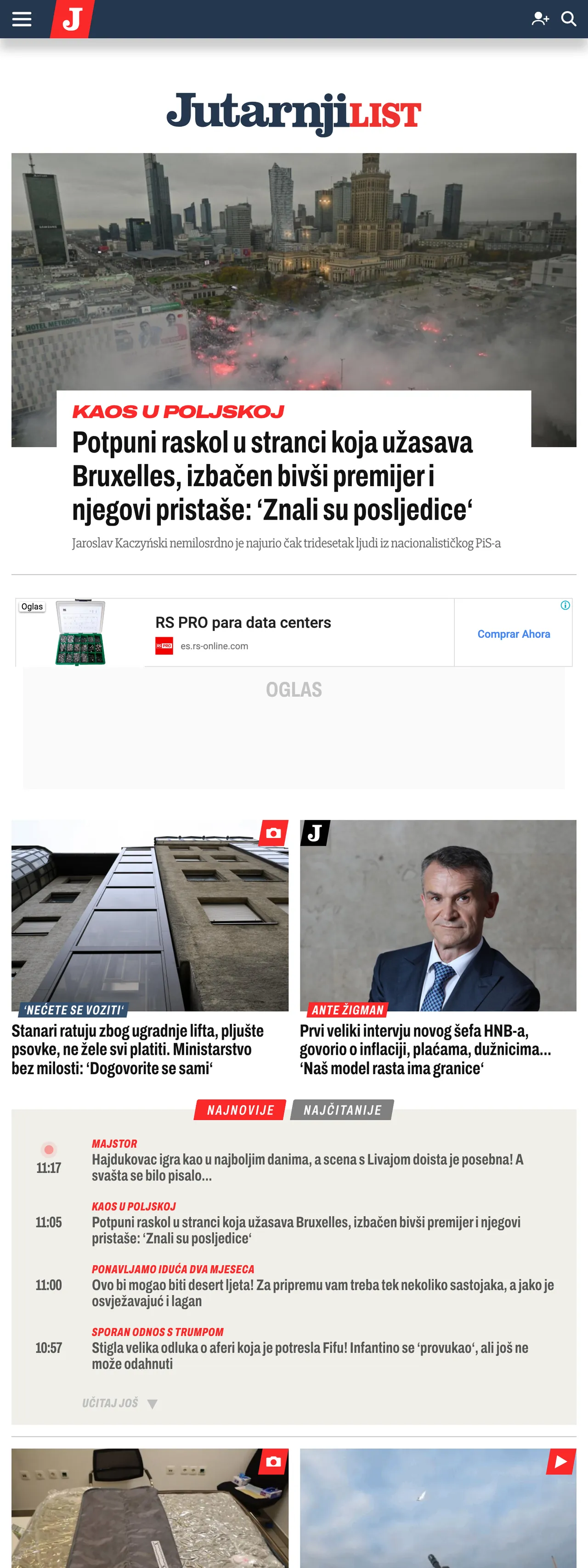 Screenshot of the Jutarnji list front page
