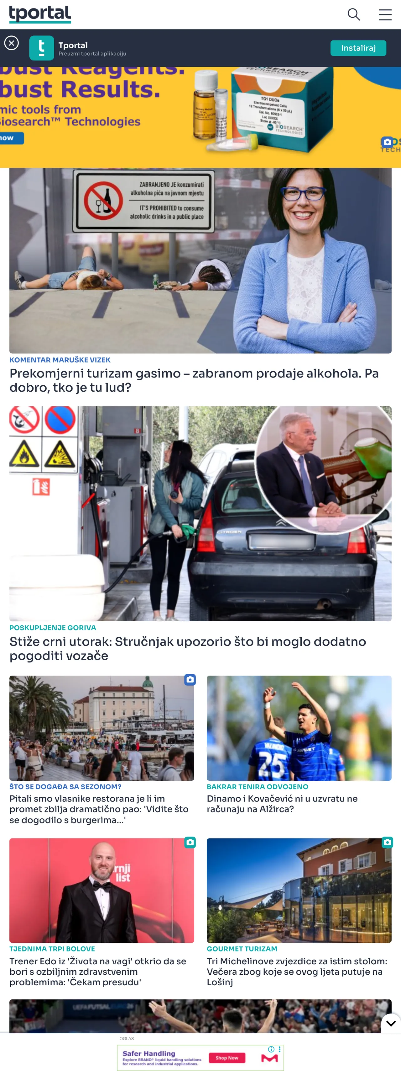 Screenshot of the tportal front page