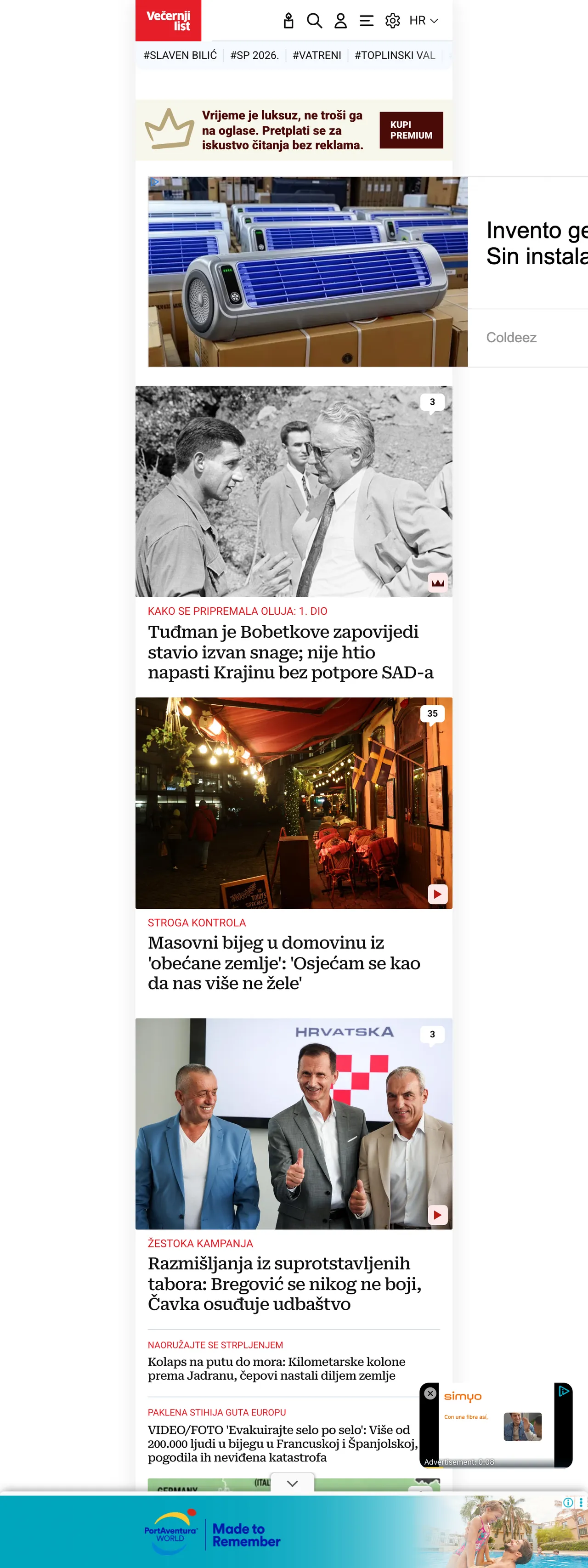 Screenshot of the Večernji list front page