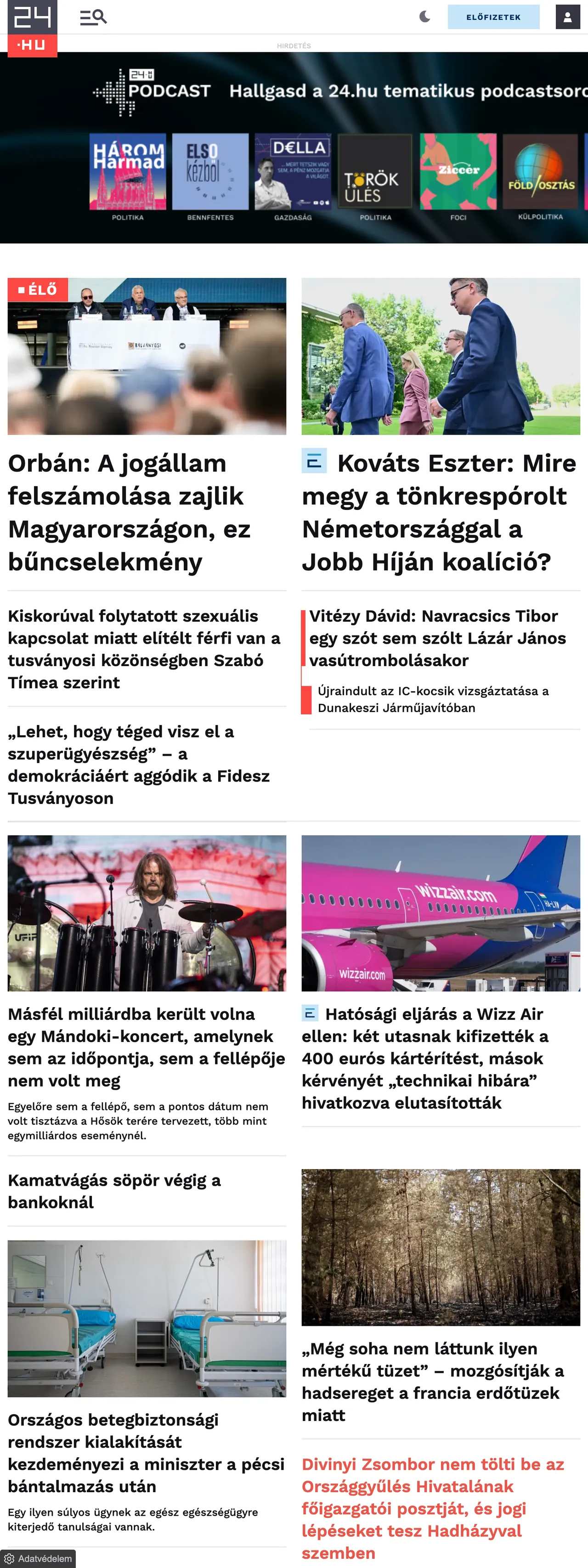 Screenshot of the 24.hu front page
