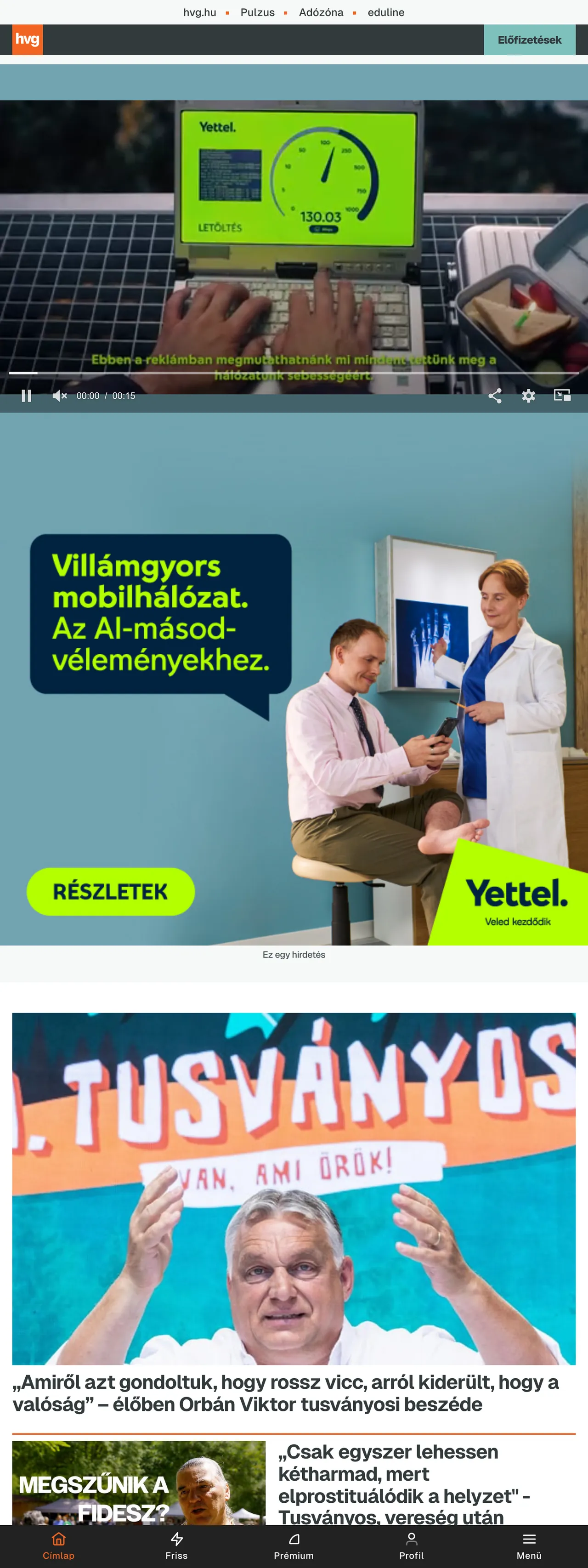 Screenshot of the HVG front page