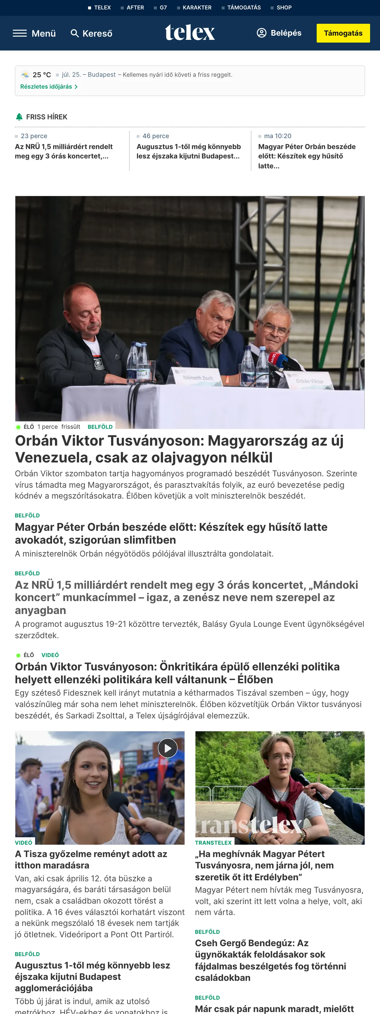 Screenshot of the Telex front page