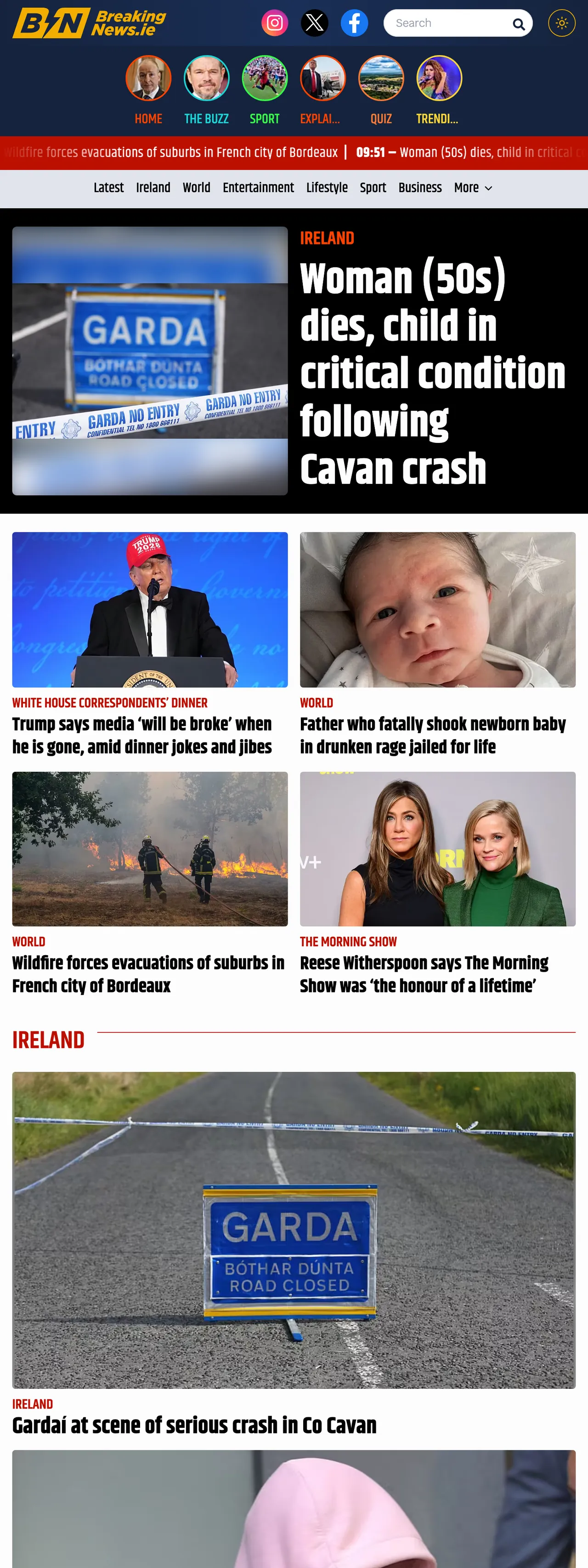 Screenshot of the BreakingNews.ie front page