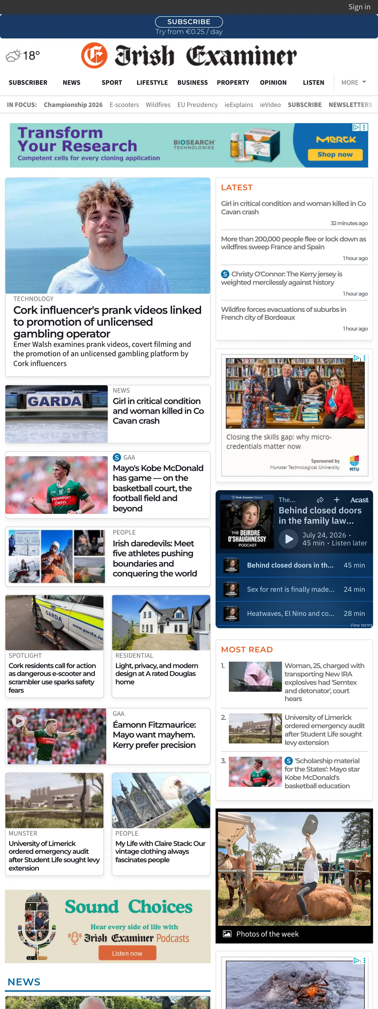 Screenshot of the Irish Examiner front page