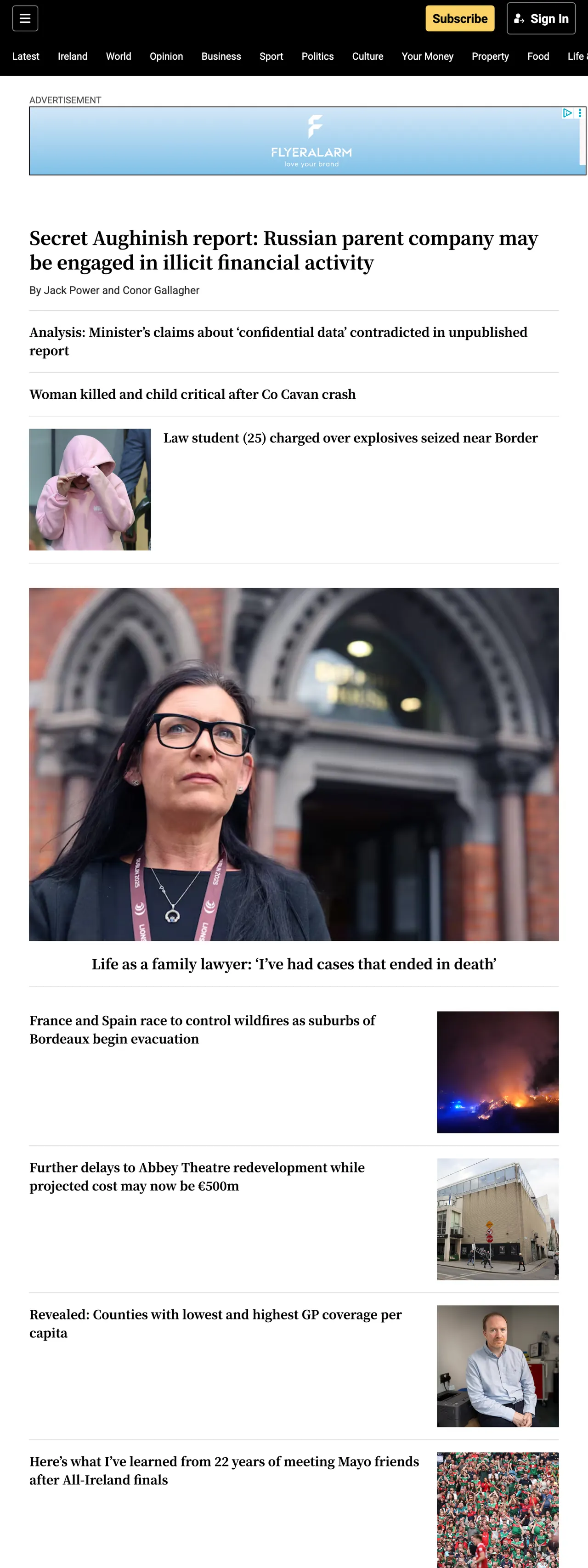Screenshot of the The Irish Times front page
