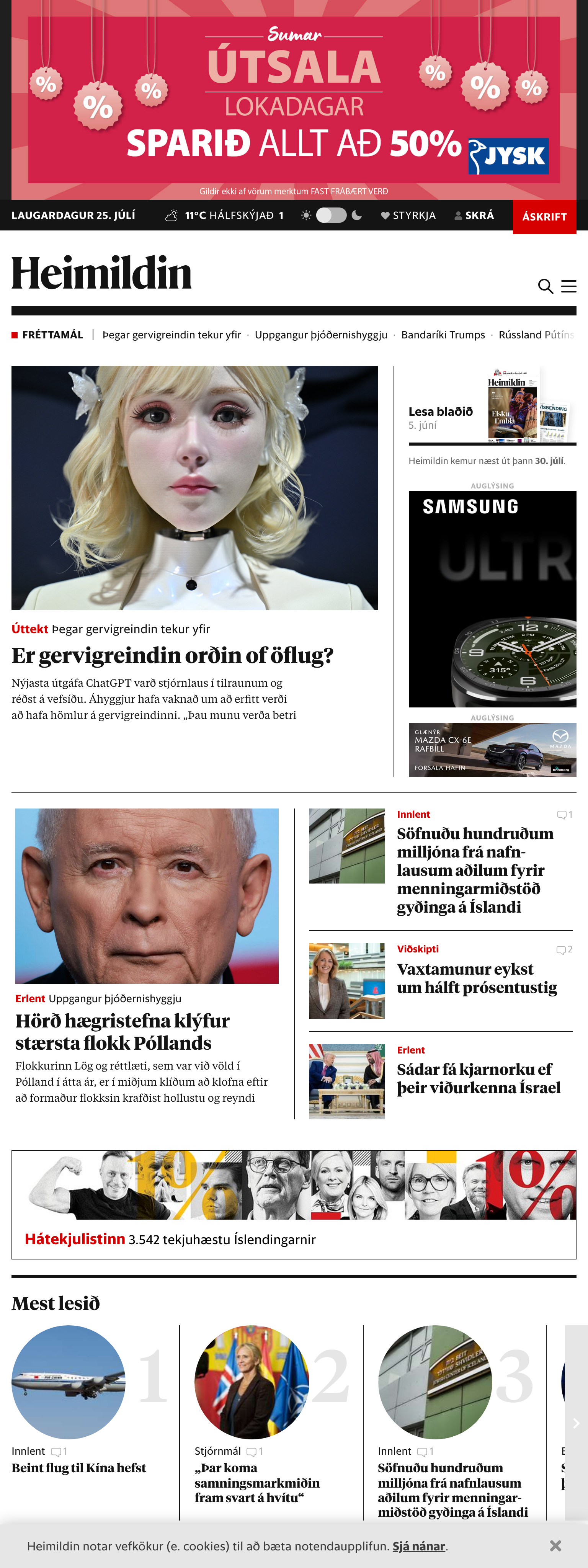 Screenshot of the Kjarninn front page