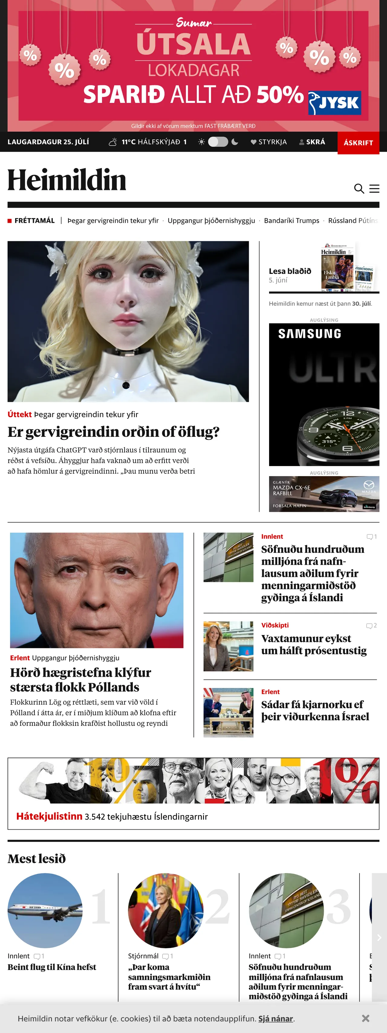 Screenshot of the Kjarninn front page