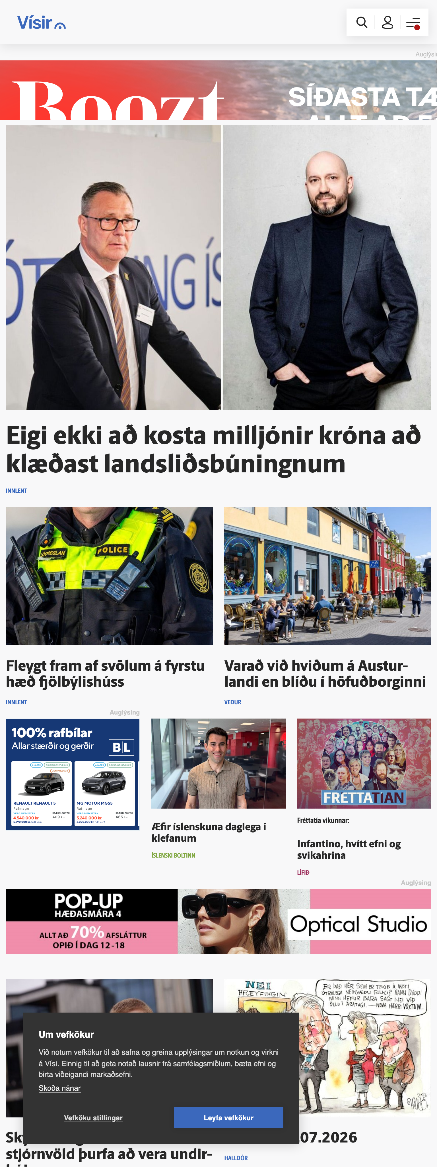 Screenshot of the Vísir front page