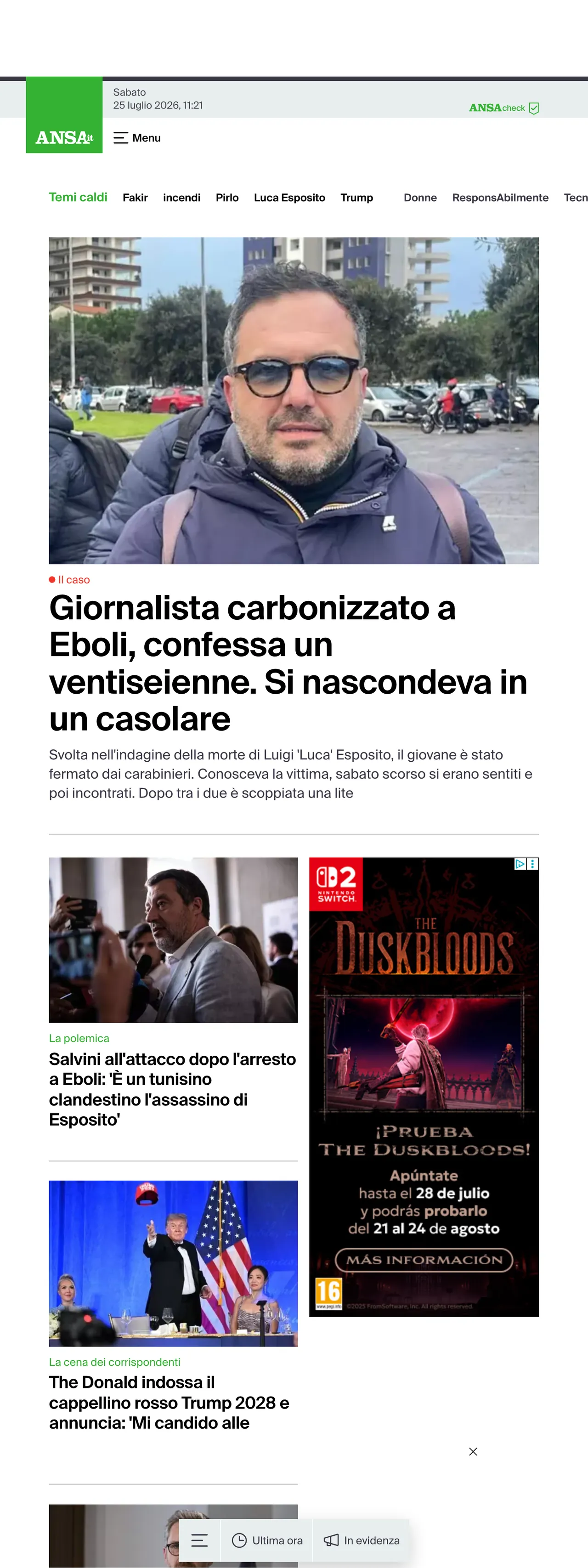 Screenshot of the ANSA front page