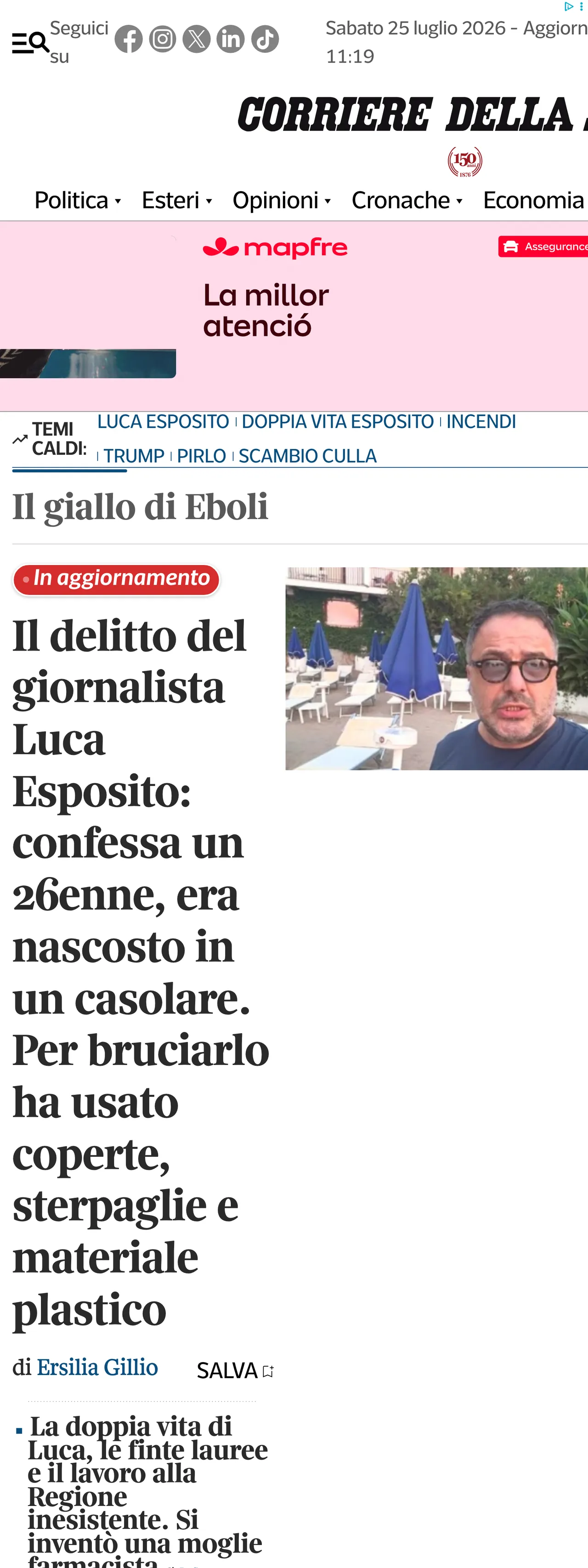 Screenshot of the Corriere della Sera front page