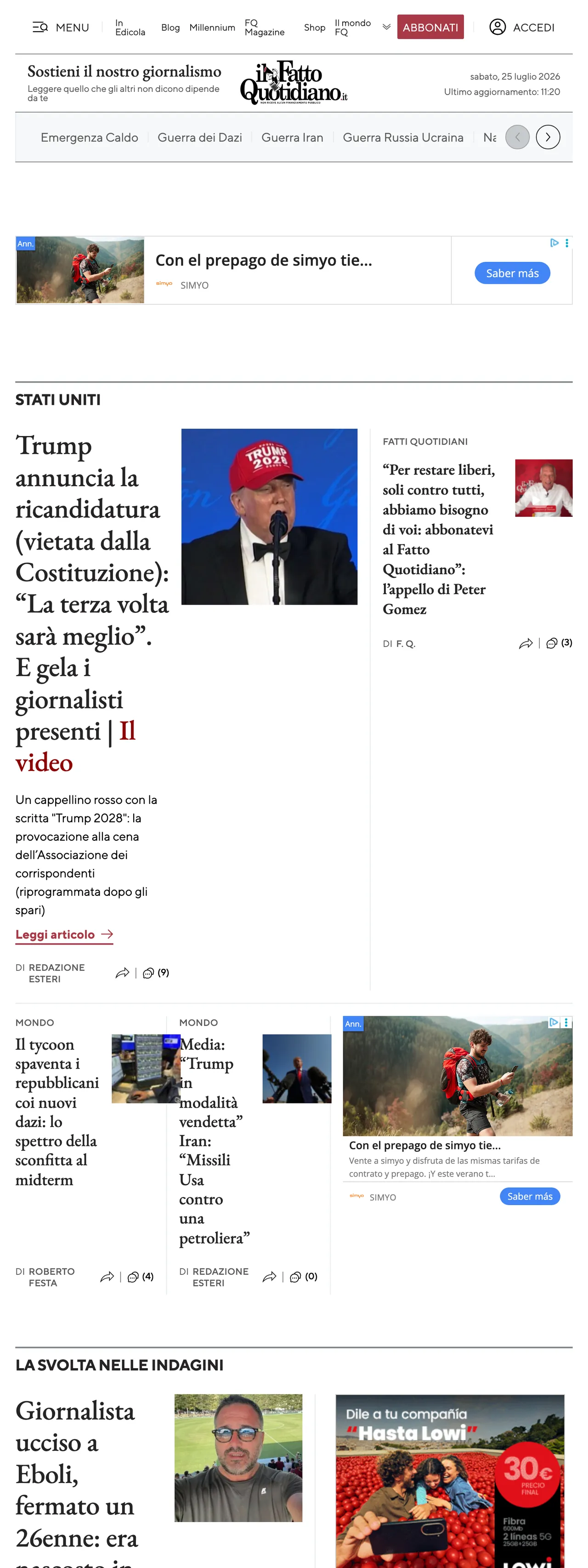 Screenshot of the Il Fatto Quotidiano front page