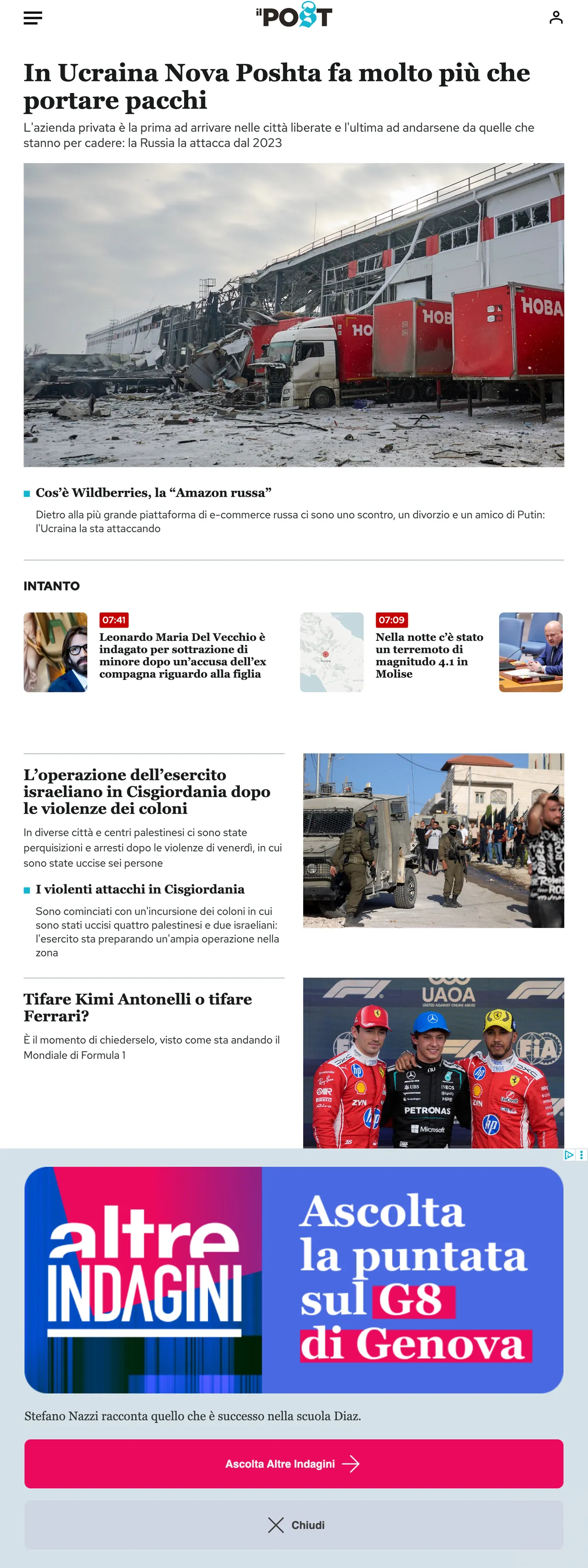 Screenshot of the Il Post front page