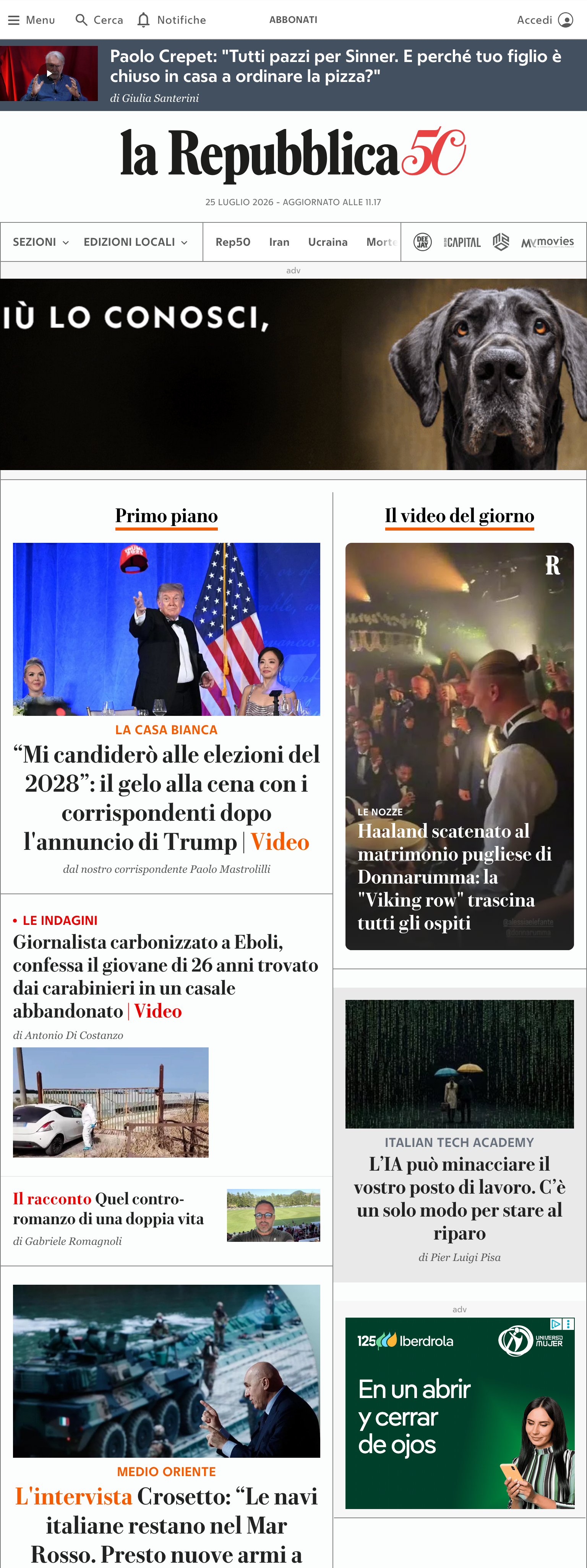 Screenshot of the la Repubblica front page