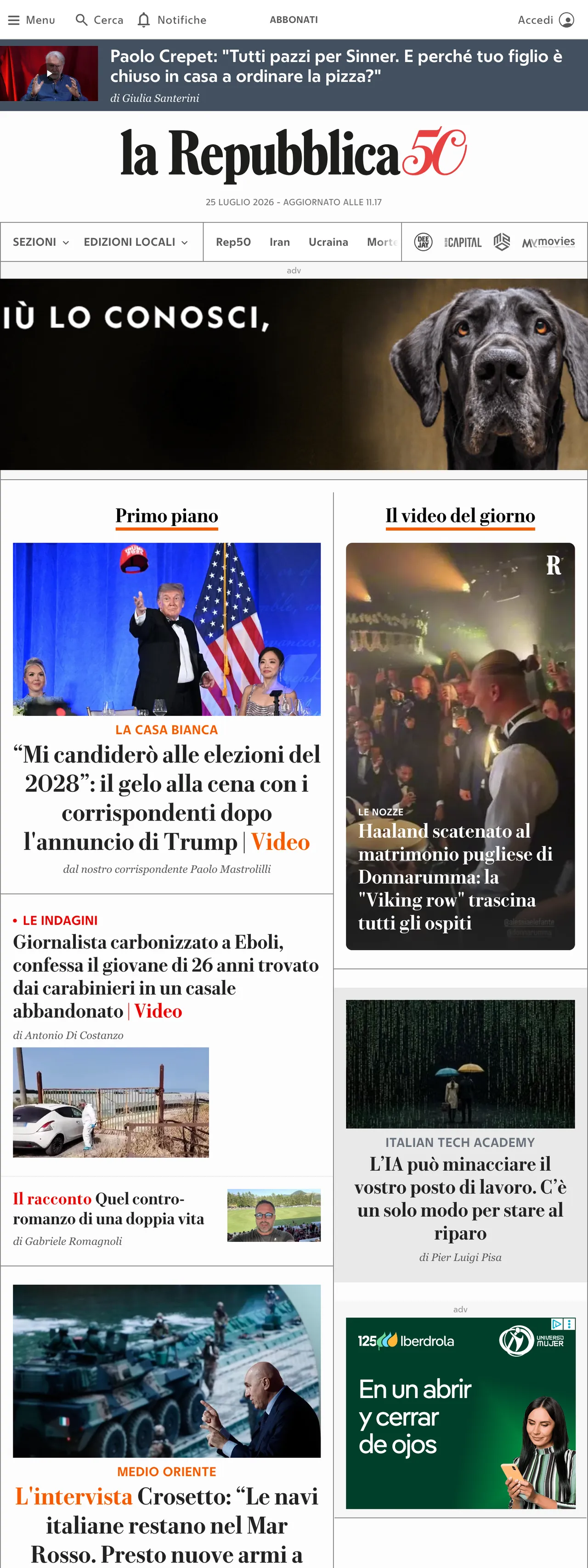 Screenshot of the la Repubblica front page