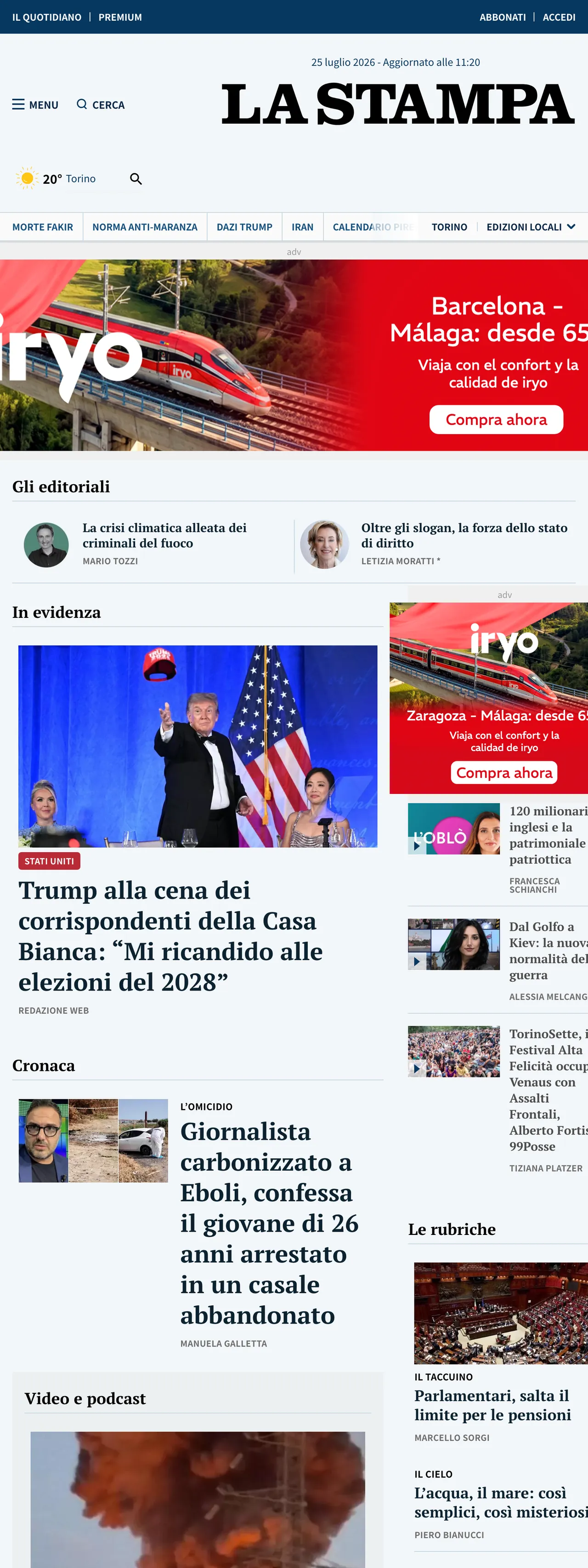 Screenshot of the La Stampa front page