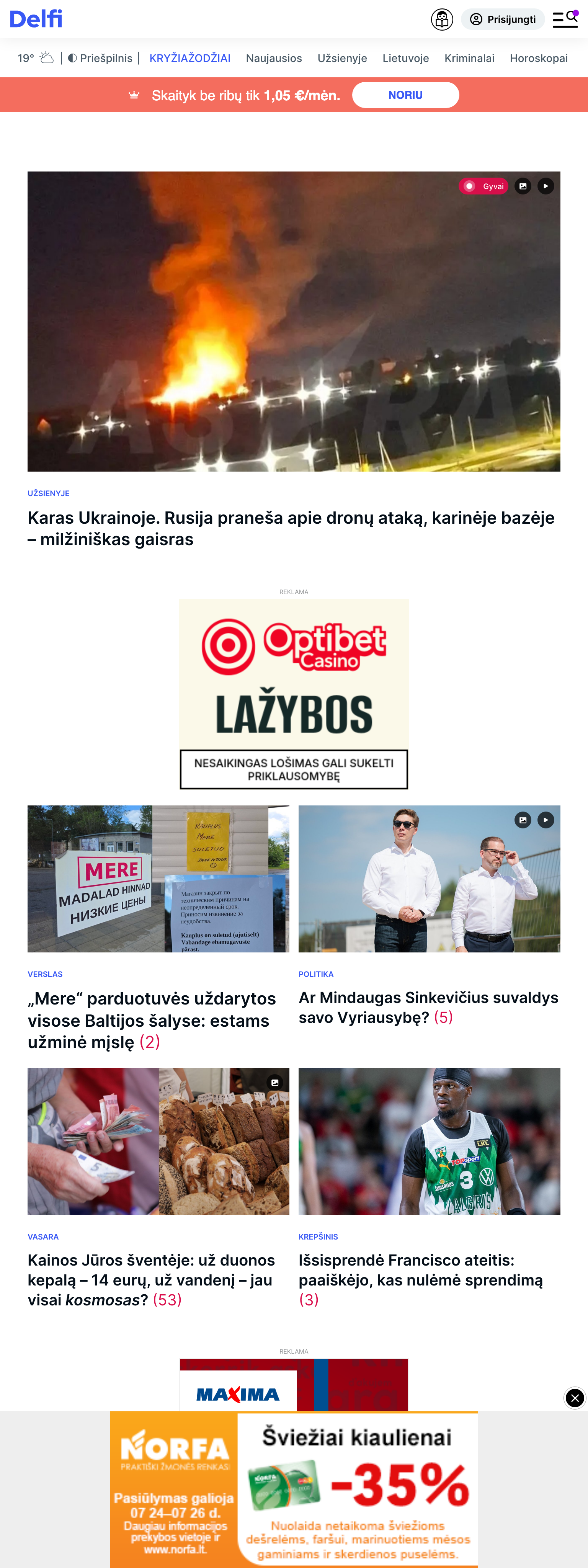 Screenshot of the Delfi front page