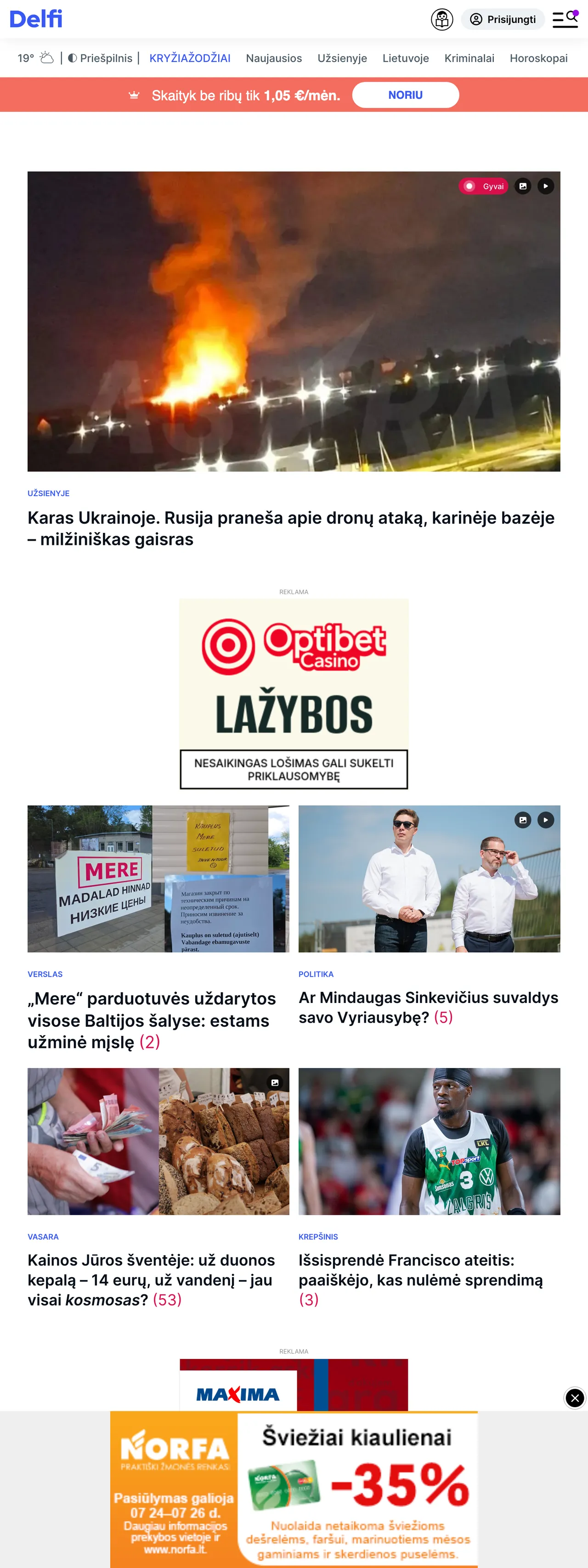 Screenshot of the Delfi front page