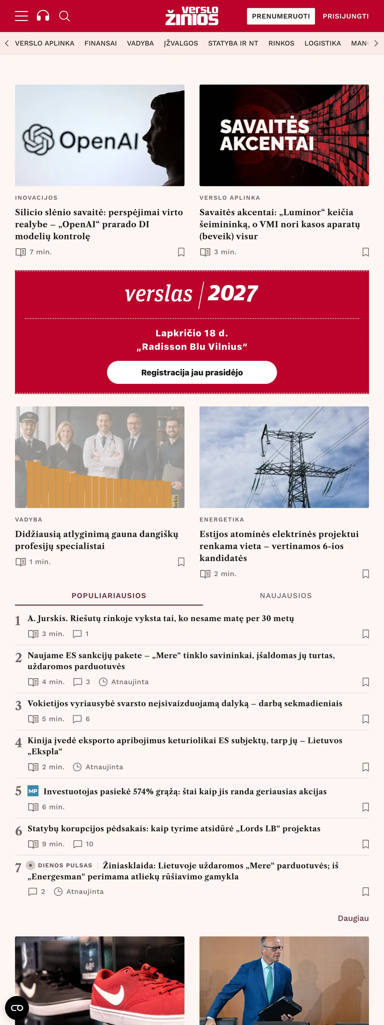 Screenshot of the Verslo žinios front page