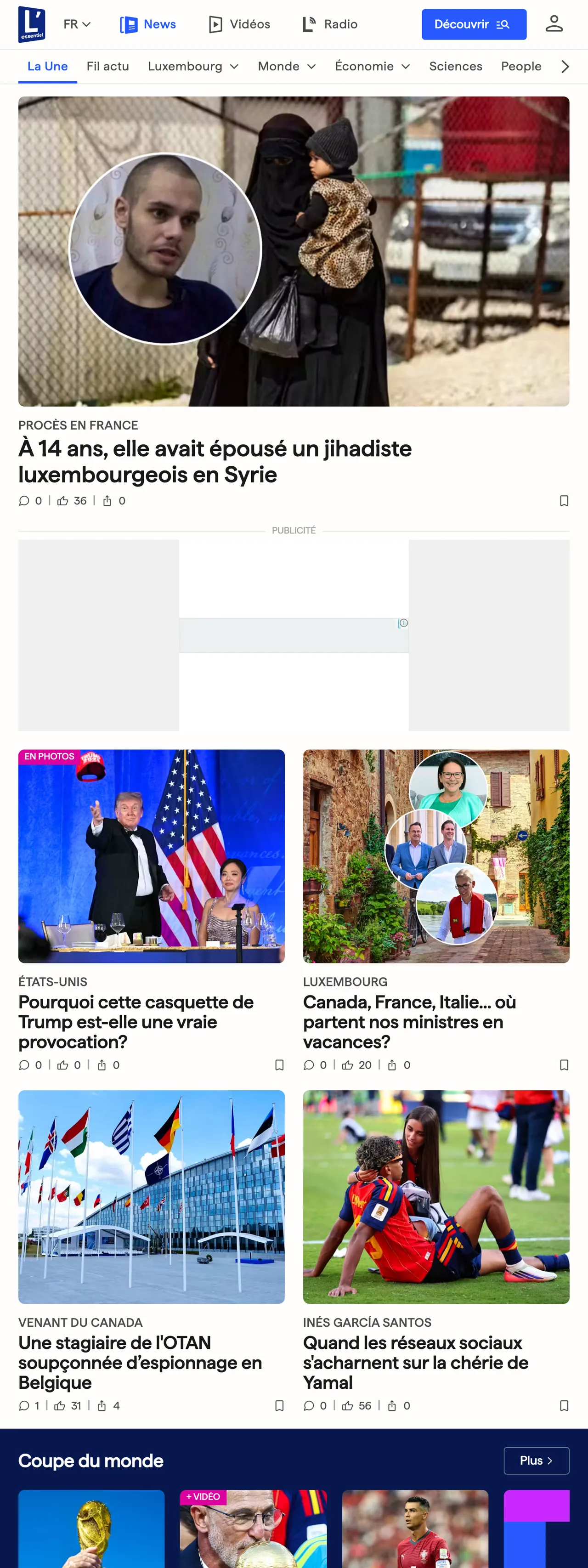 Screenshot of the L'essentiel front page