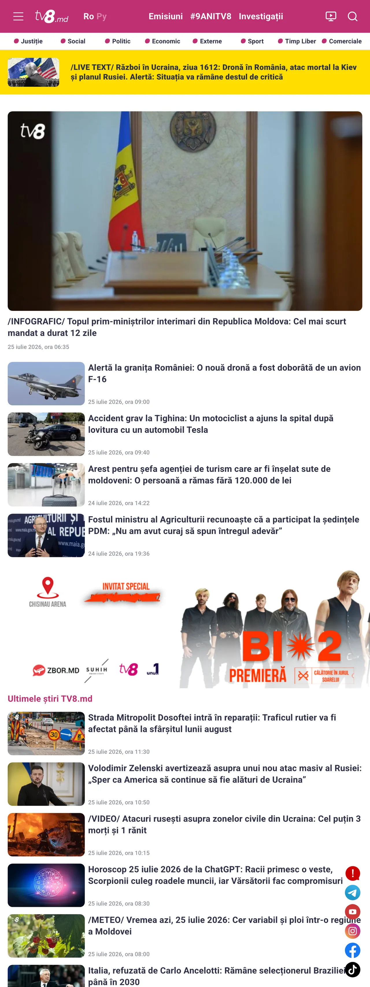 Screenshot of the TV8 front page