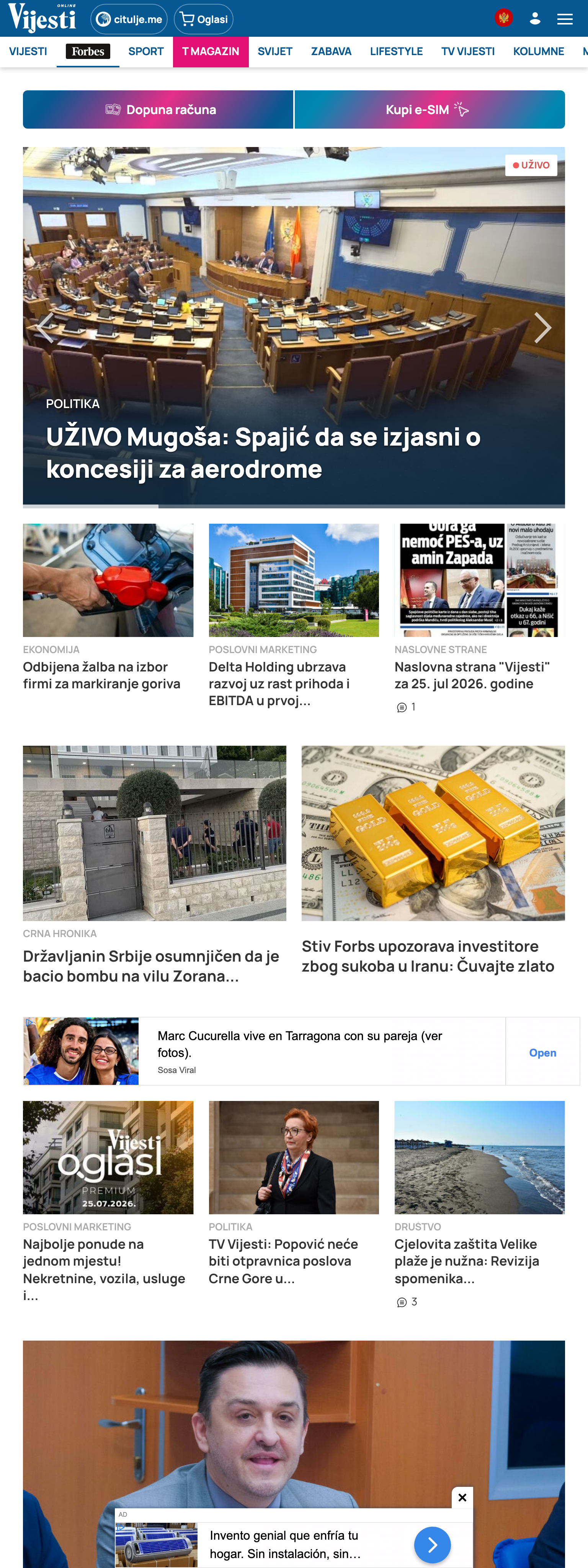 Screenshot of the Vijesti front page