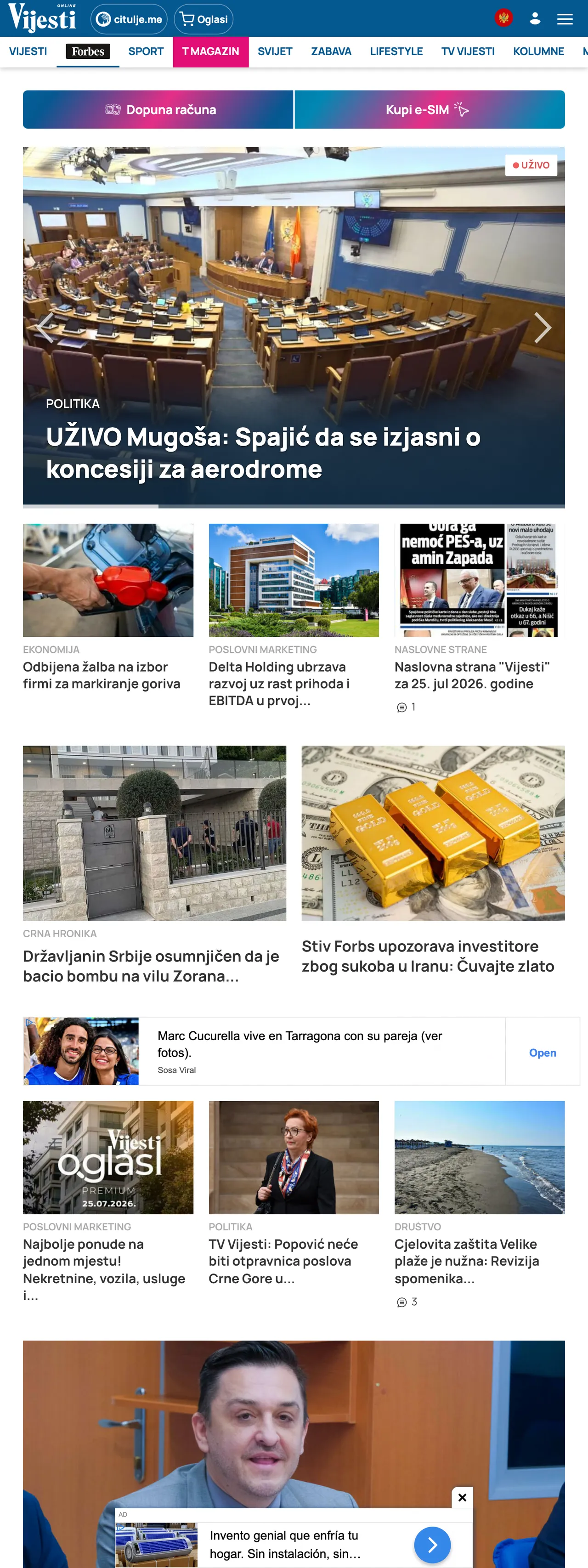 Screenshot of the Vijesti front page