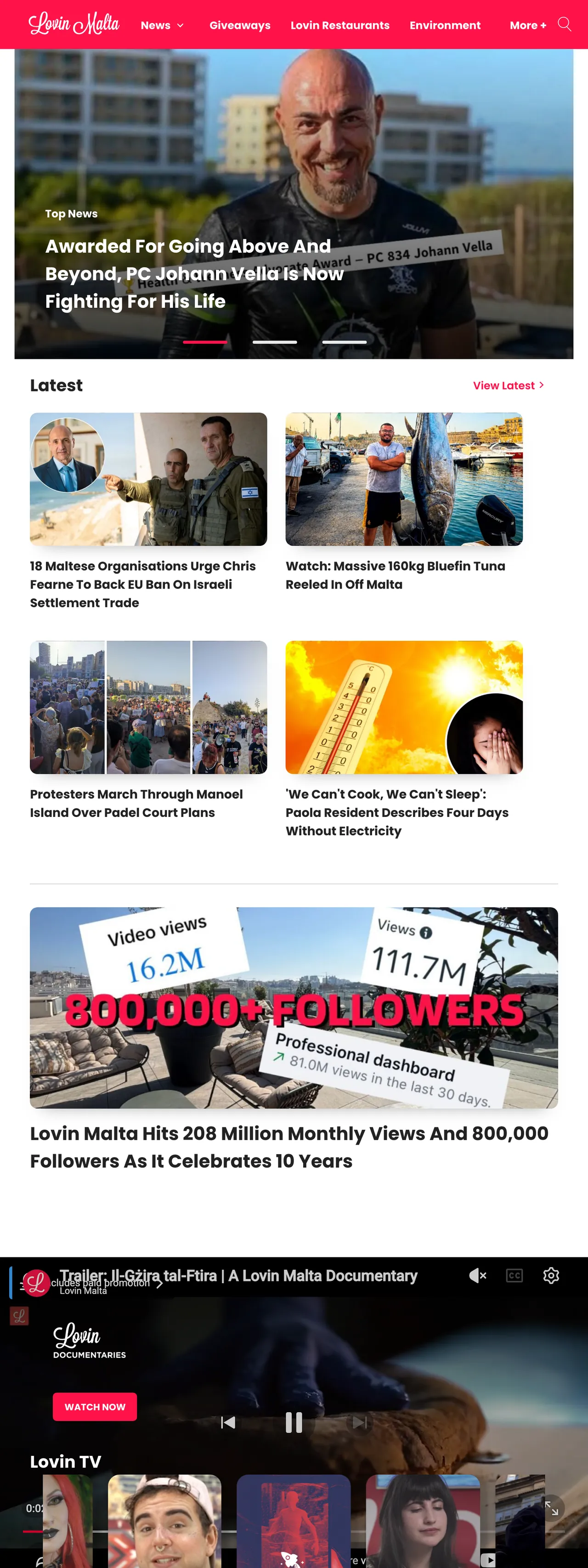 Screenshot of the Lovin Malta front page