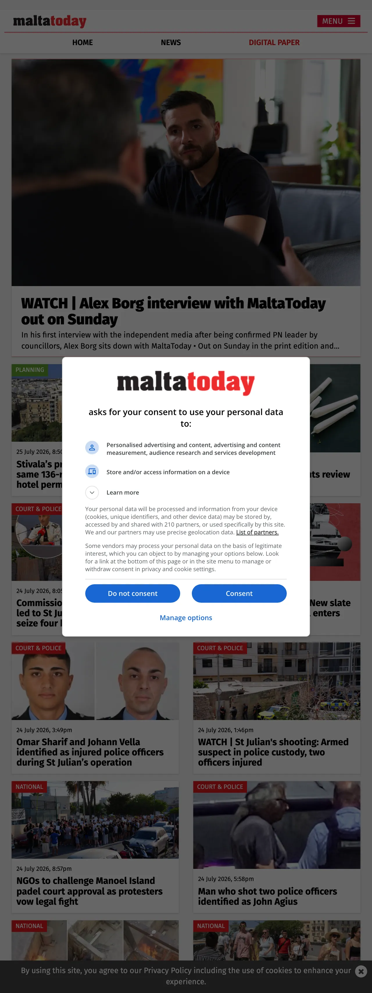Screenshot of the Malta Today front page