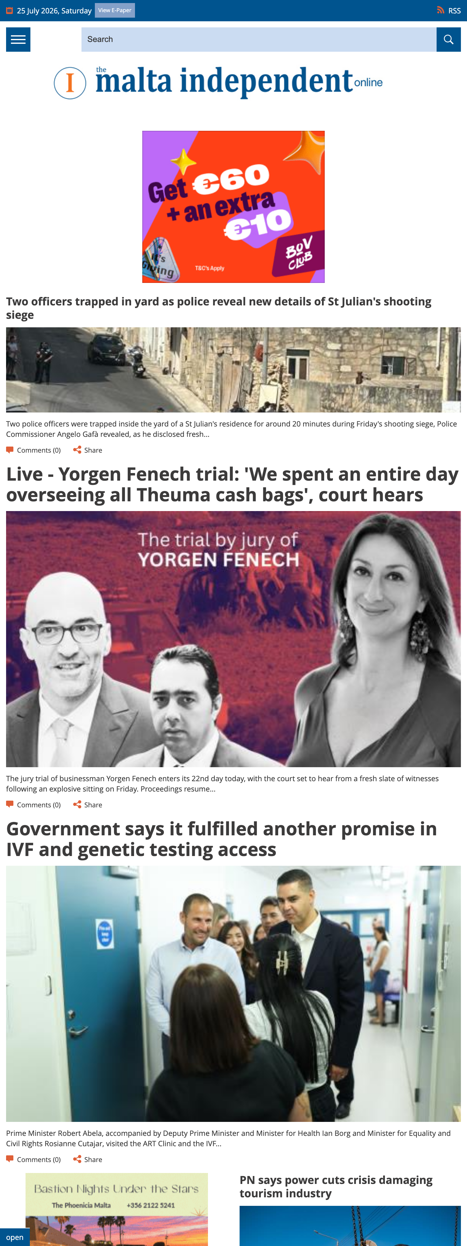 Screenshot of the The Malta Independent front page