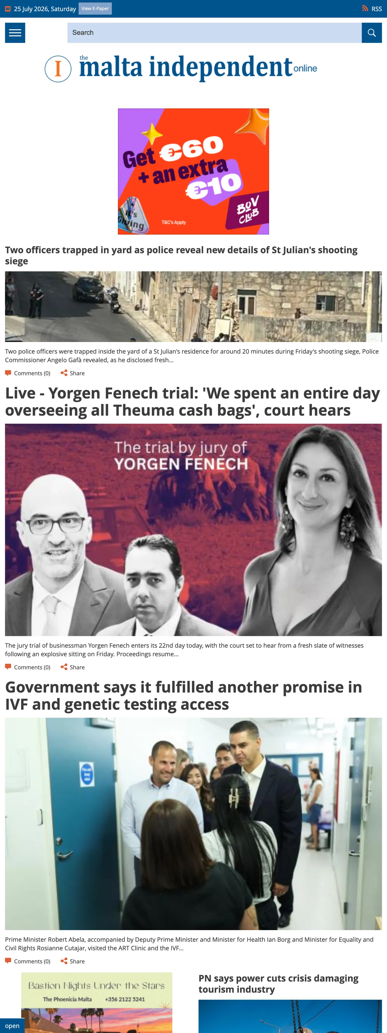 Screenshot of the The Malta Independent front page