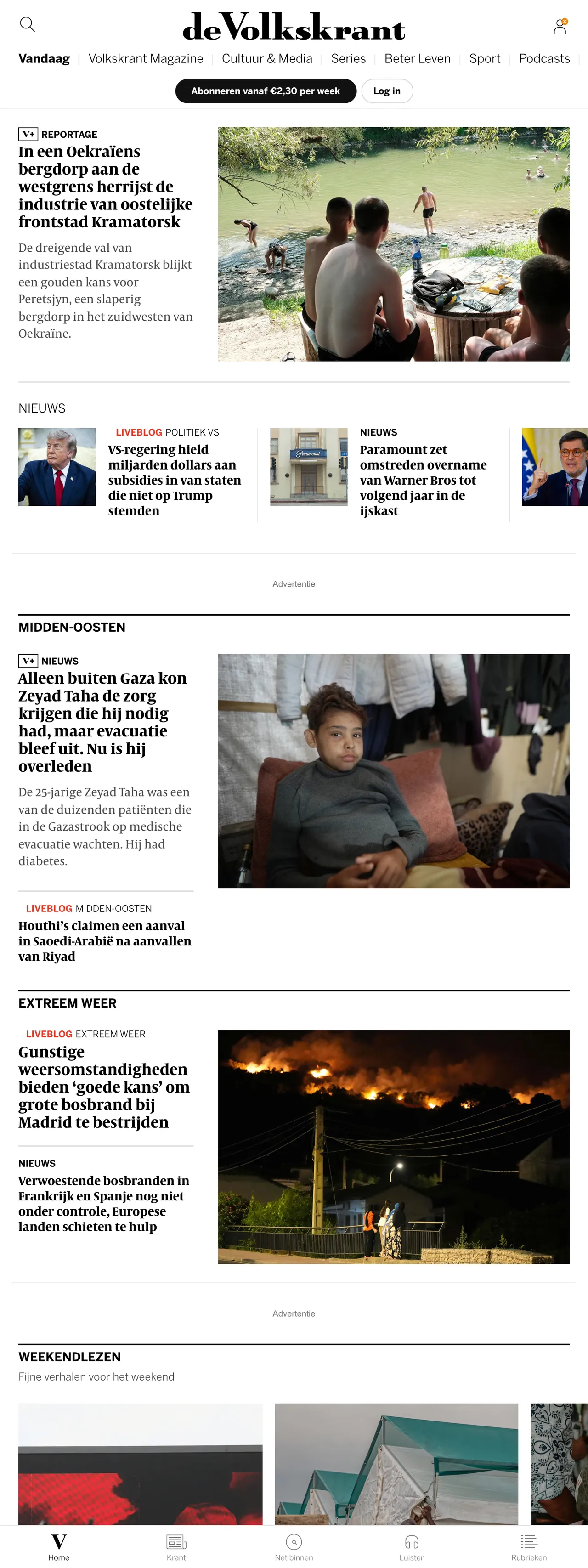 Screenshot of the de Volkskrant front page