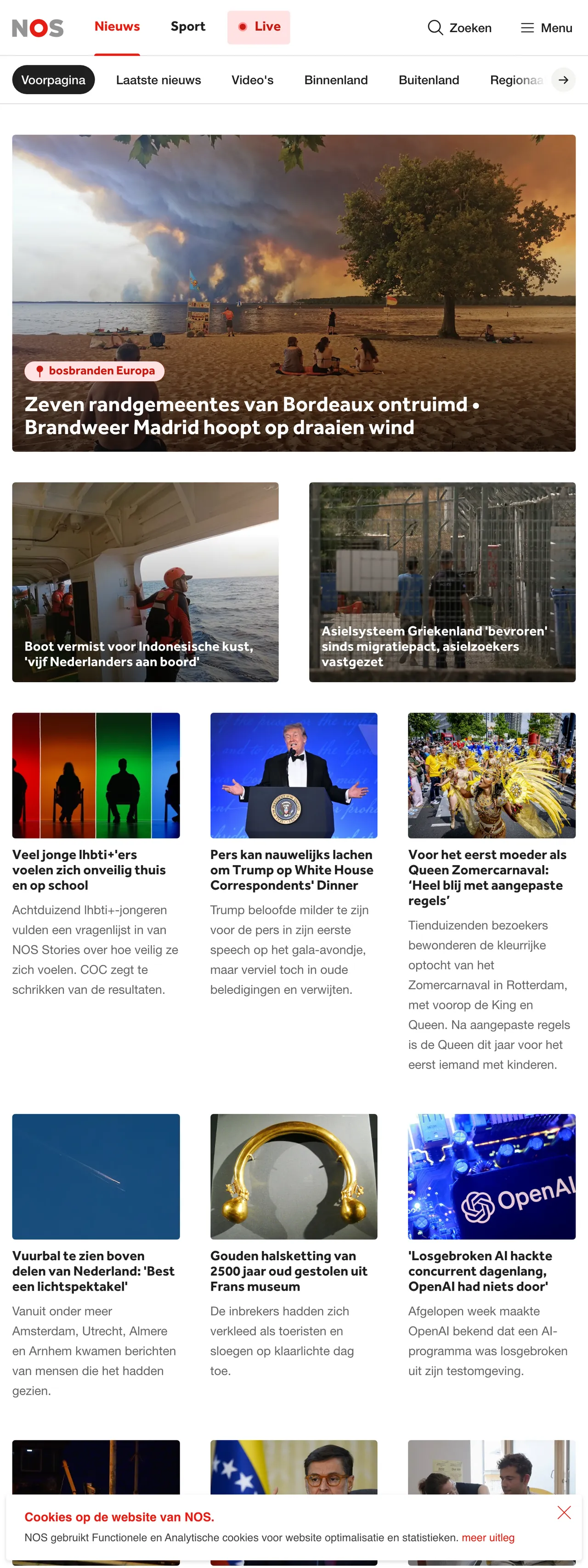 Screenshot of the NOS front page