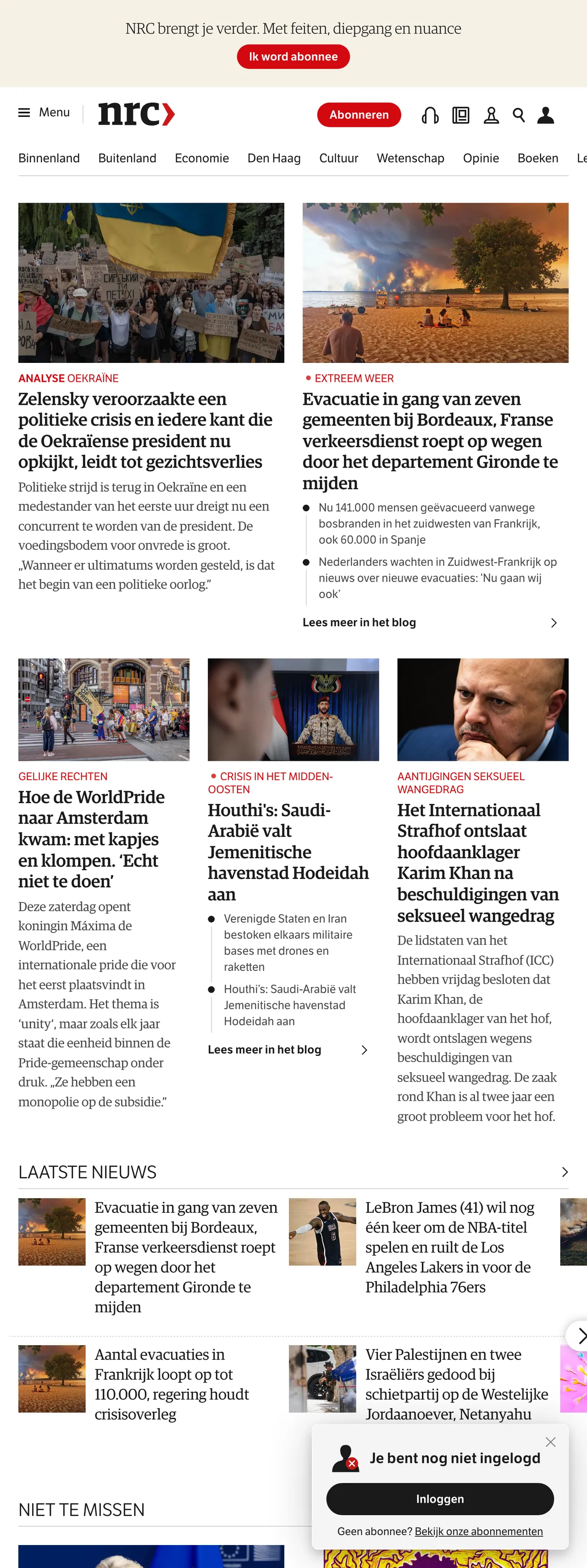 Screenshot of the NRC front page
