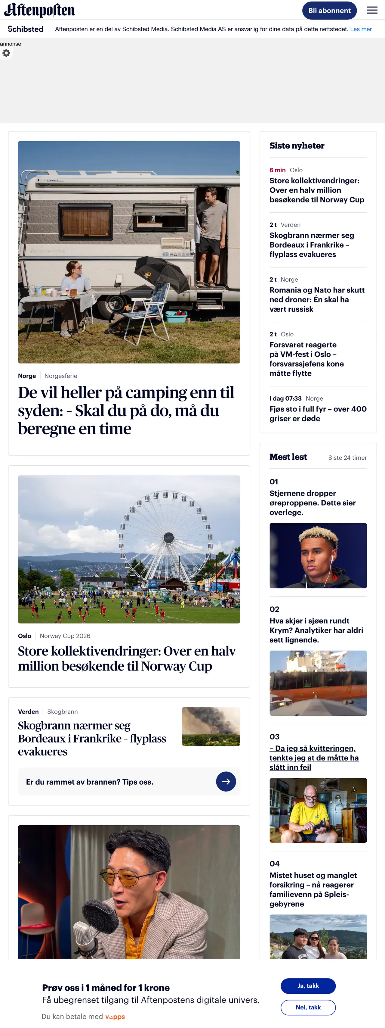 Screenshot of the Aftenposten front page