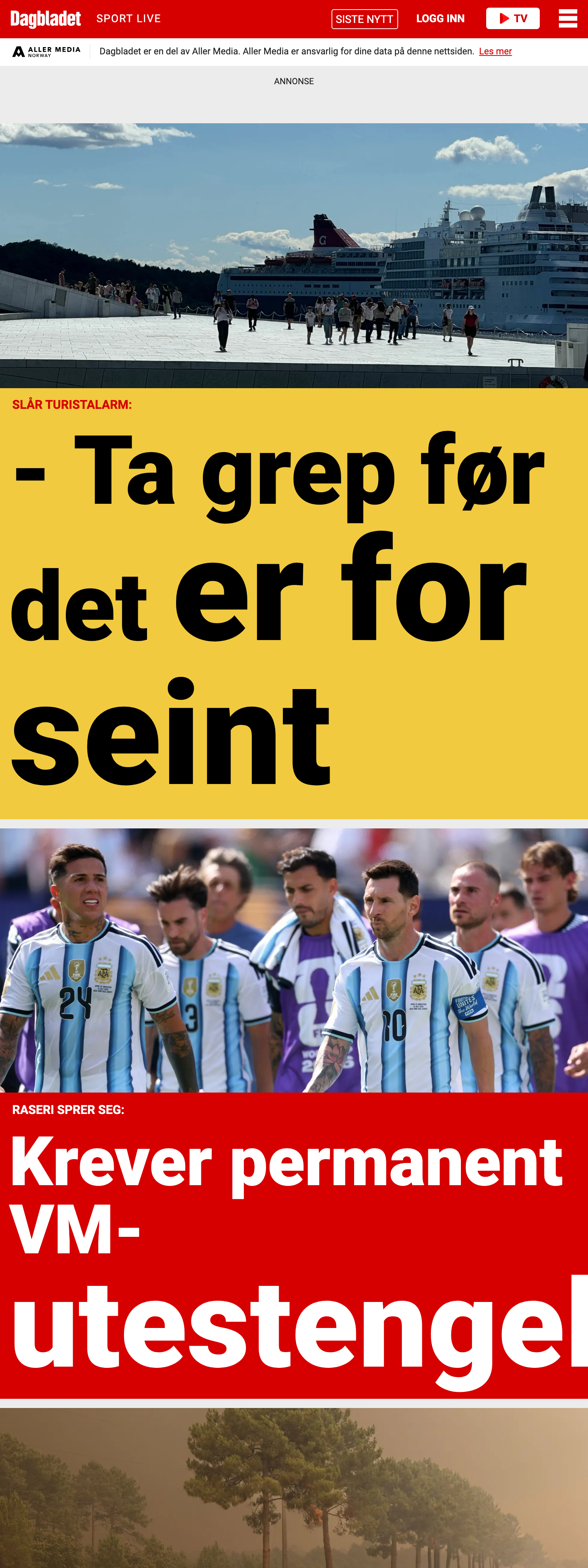Screenshot of the Dagbladet front page