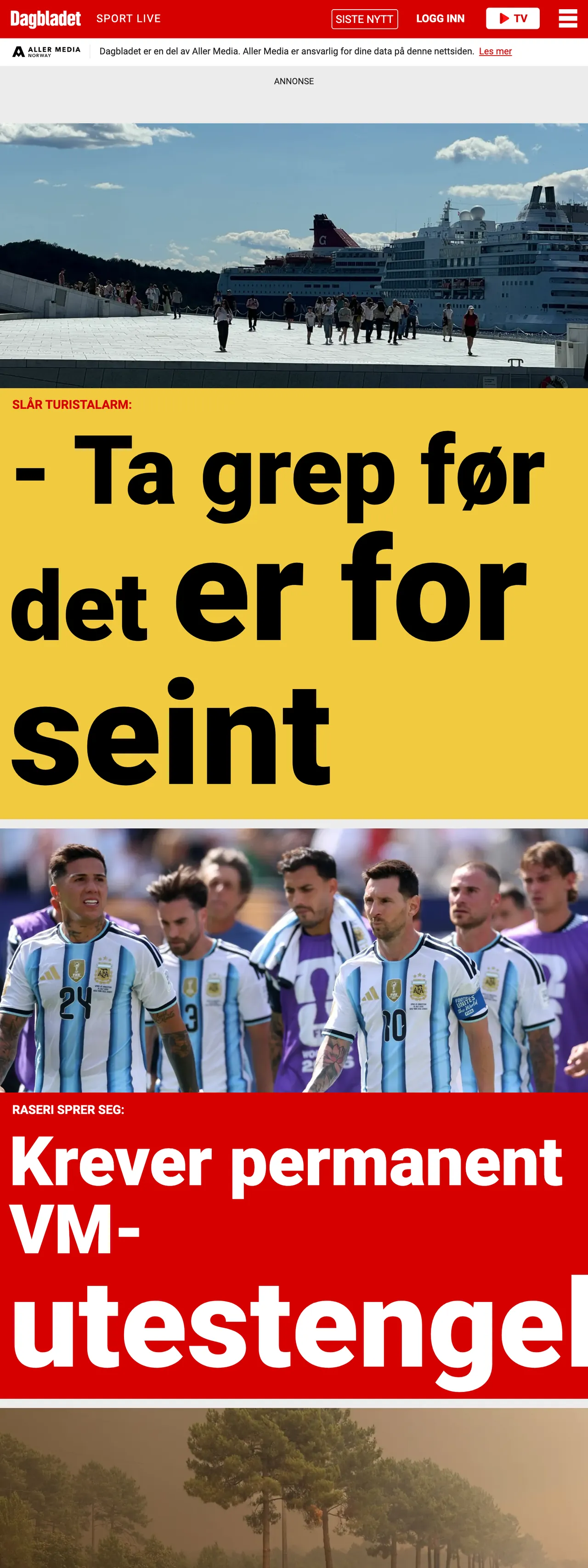 Screenshot of the Dagbladet front page