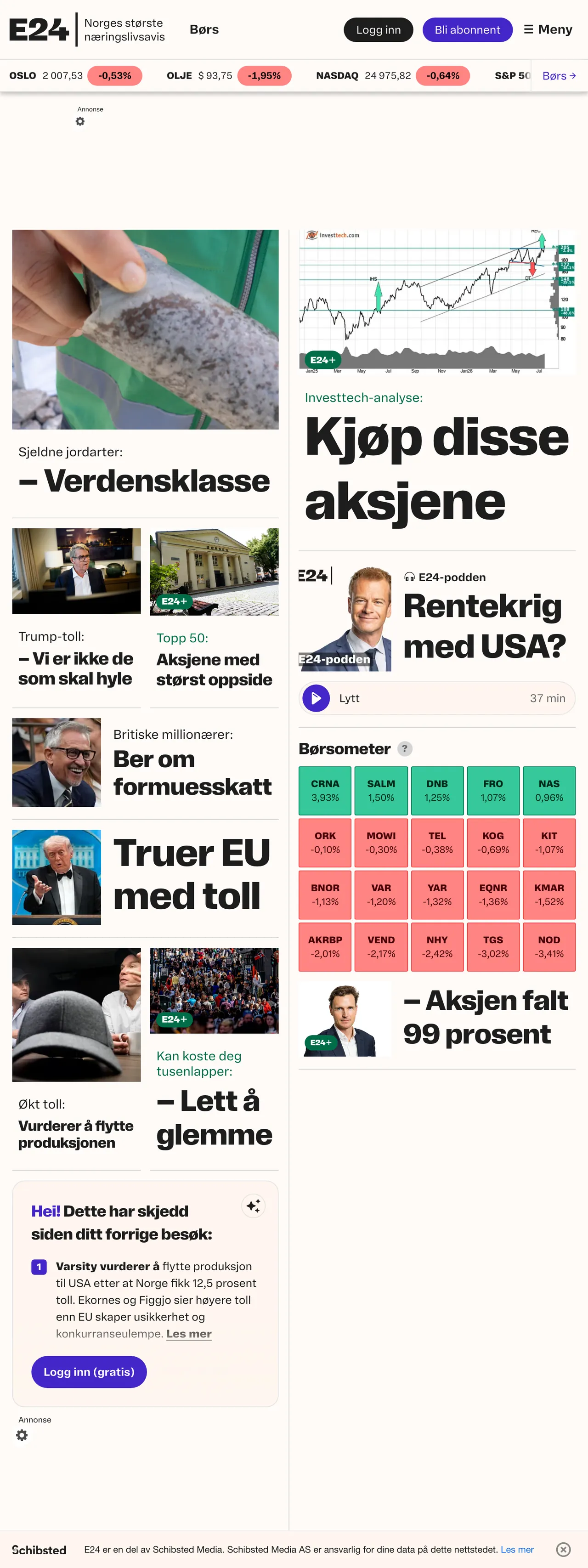 Screenshot of the E24 front page
