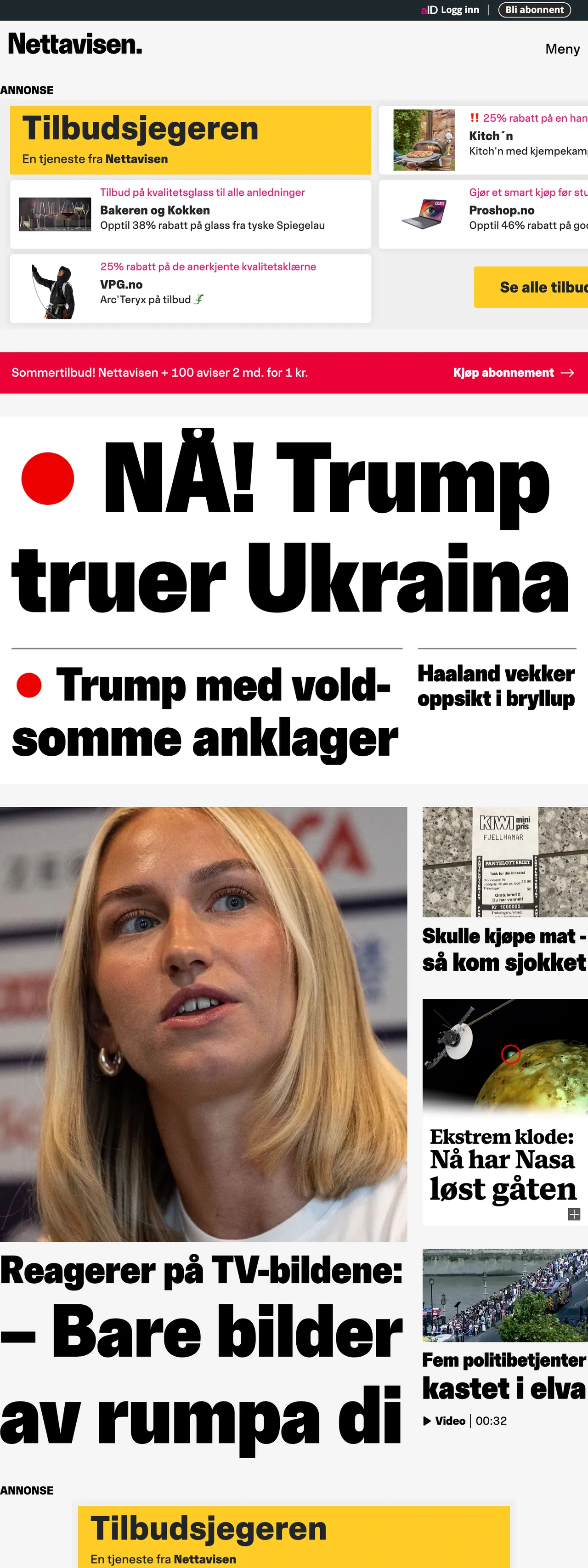 Screenshot of the Nettavisen front page