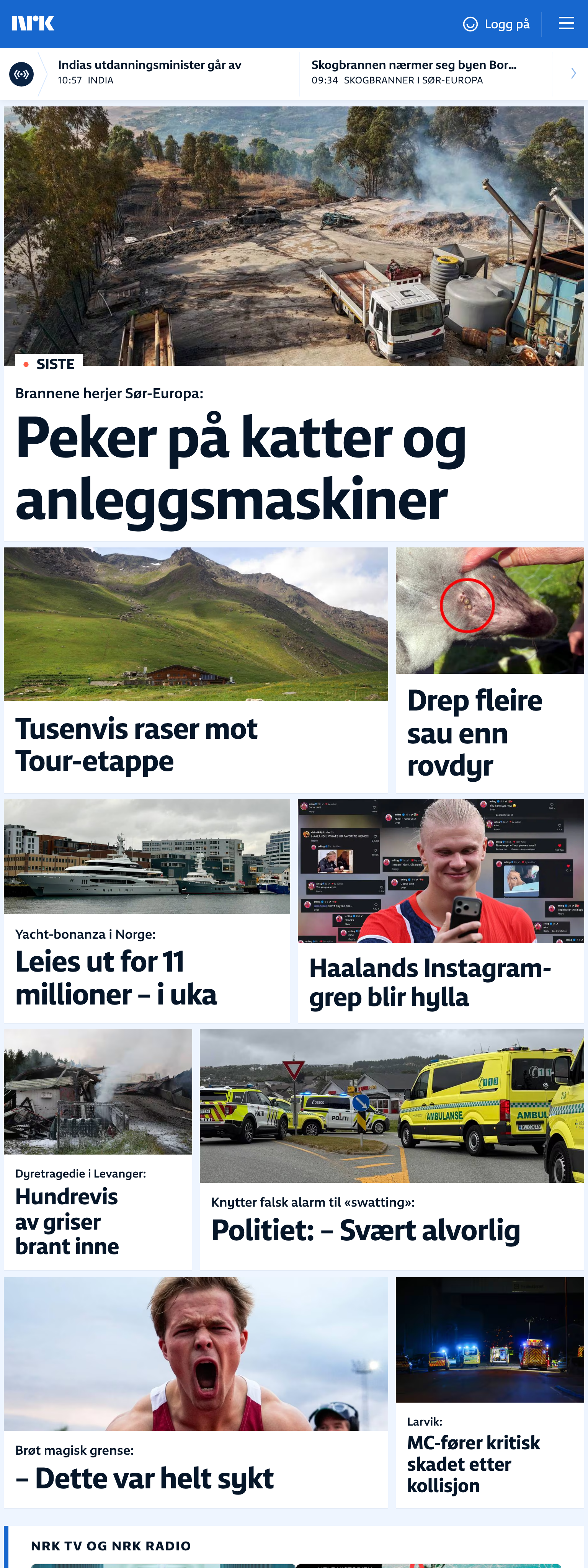Screenshot of the NRK front page