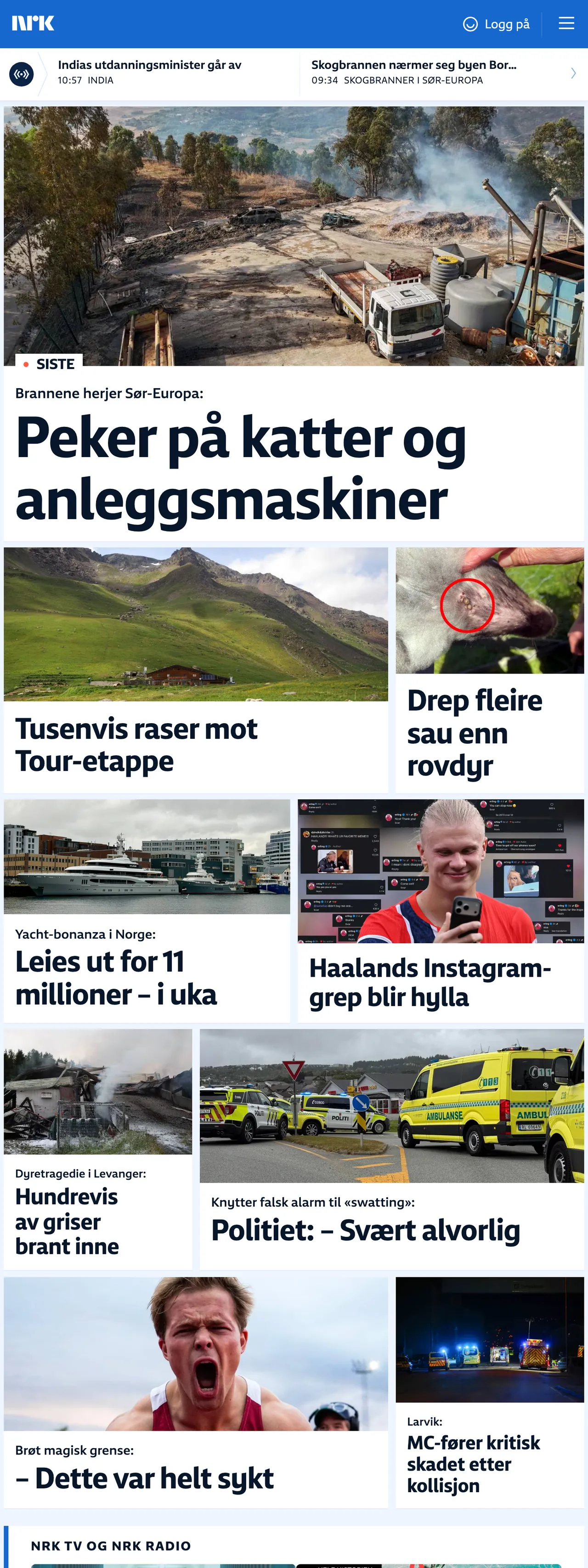 Screenshot of the NRK front page
