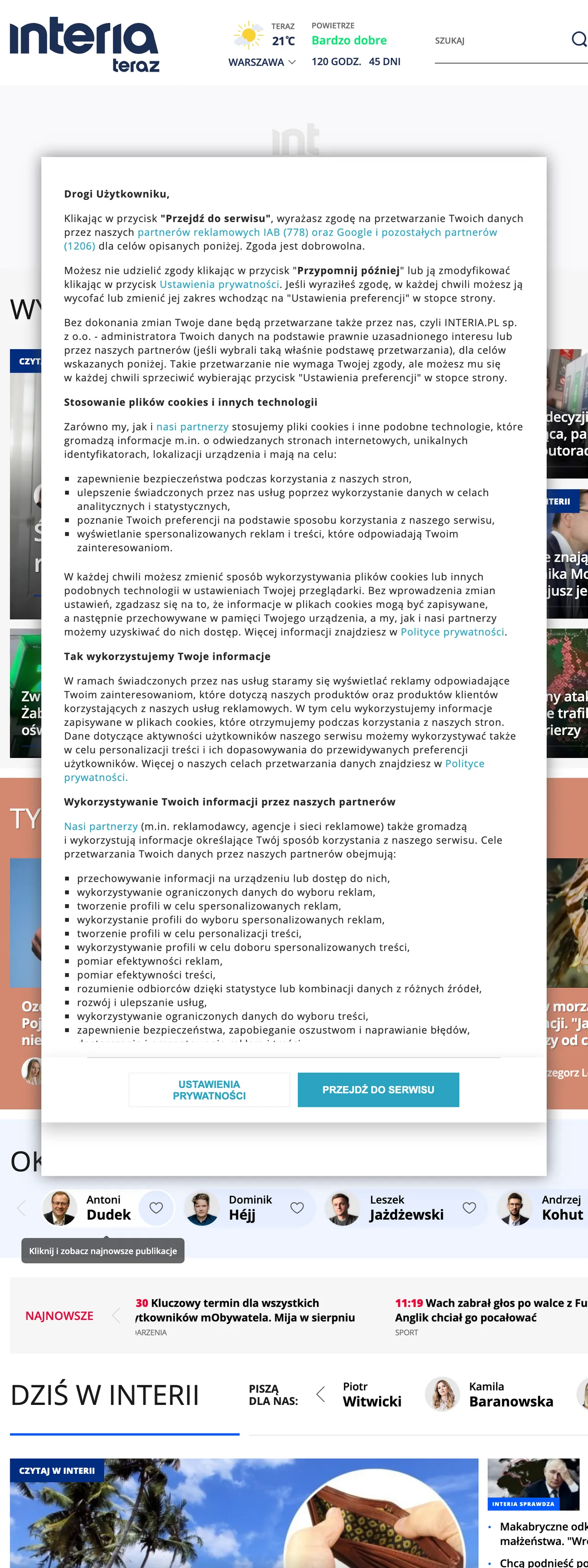 Screenshot of the Interia front page