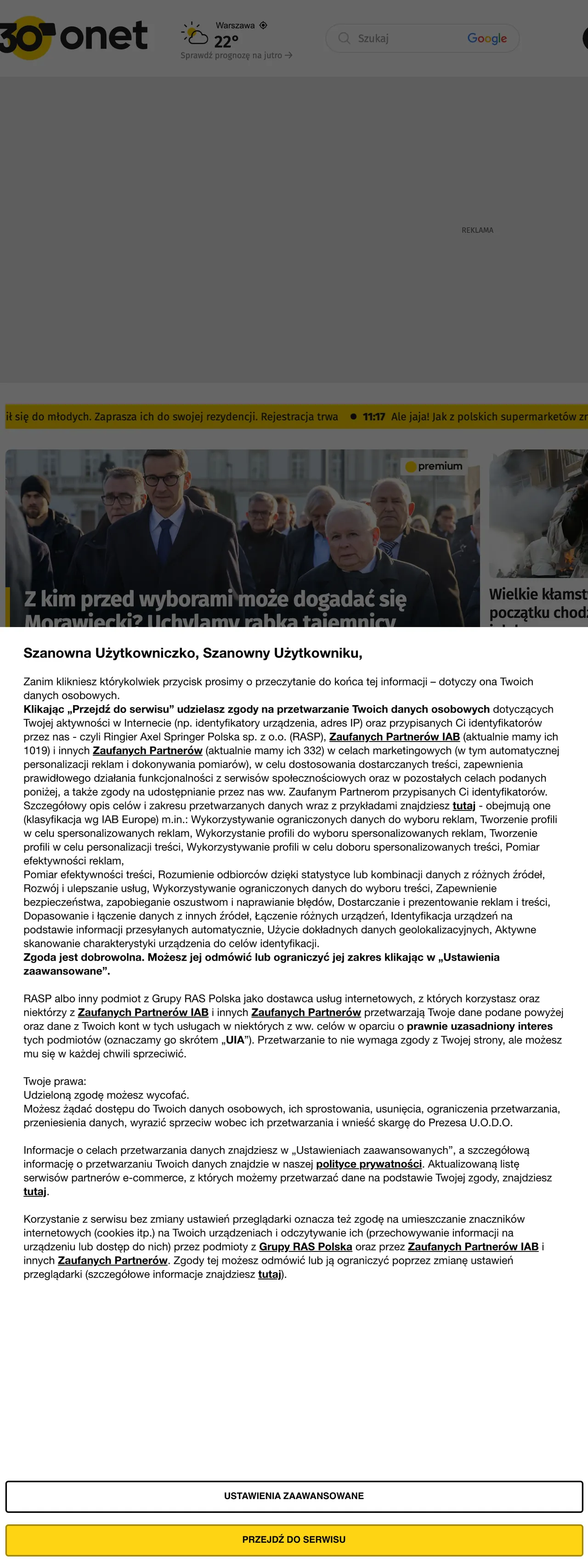 Screenshot of the Onet front page
