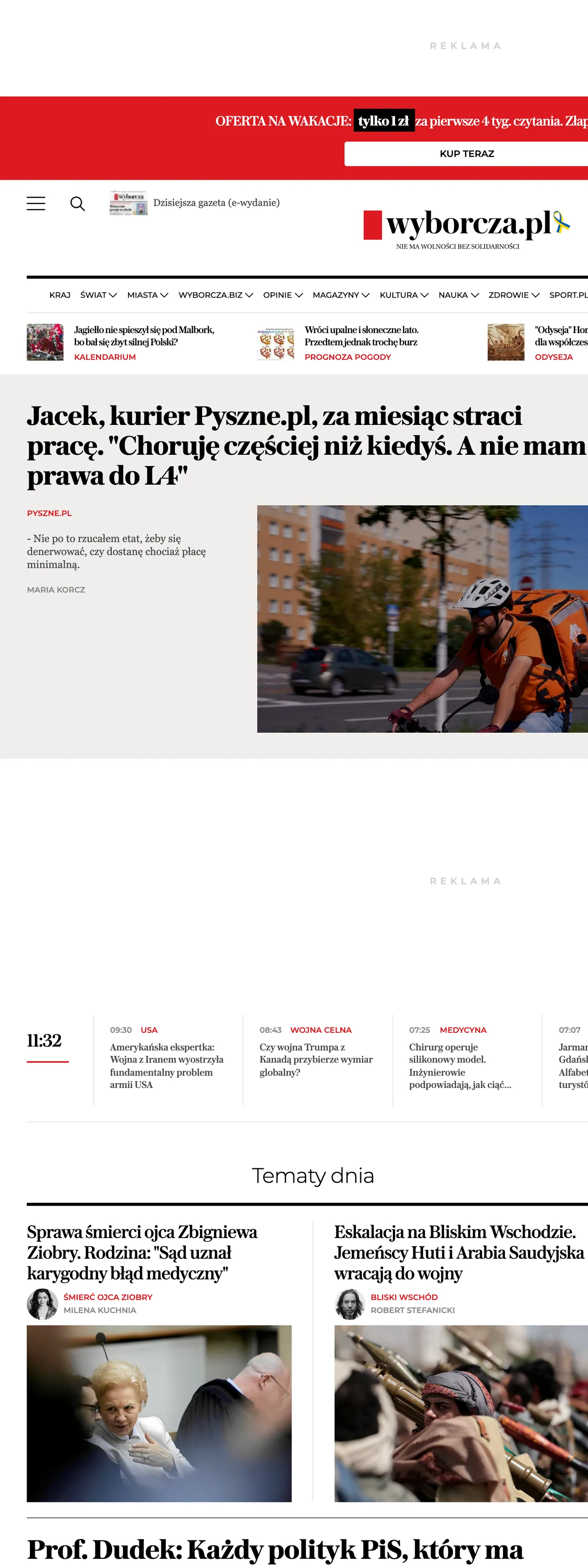 Screenshot of the Wyborcza front page