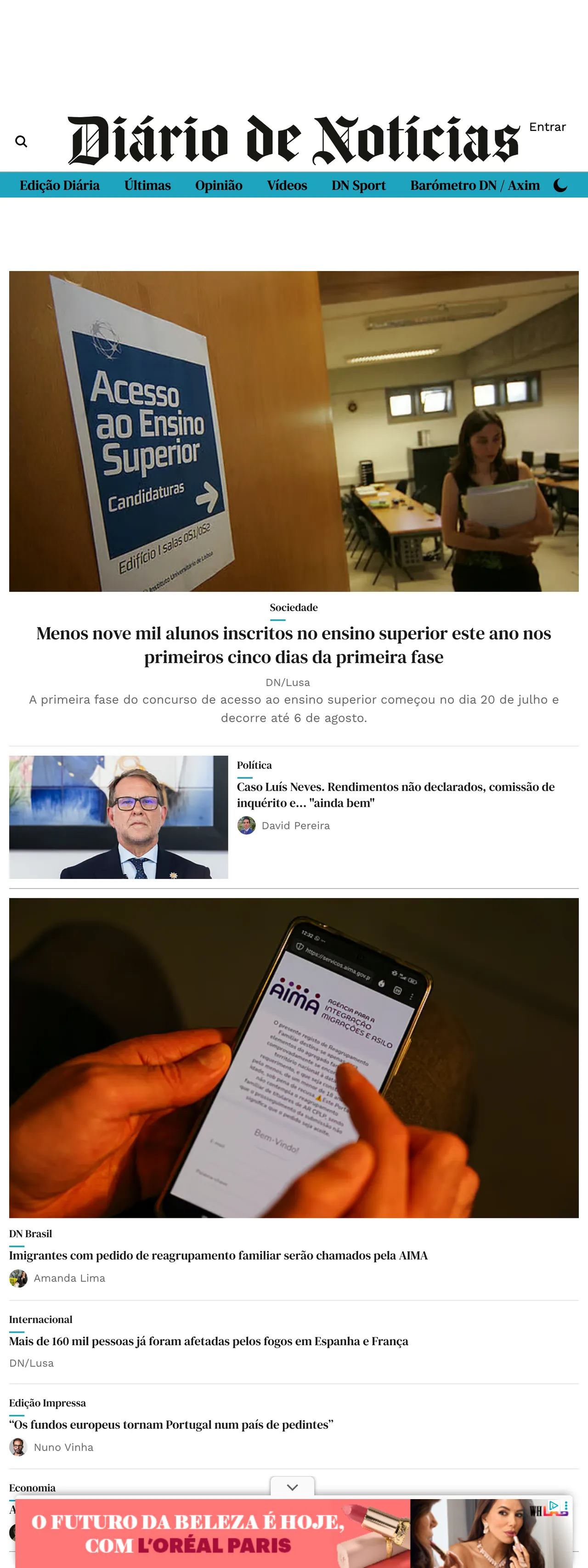 Screenshot of the Diário de Notícias front page