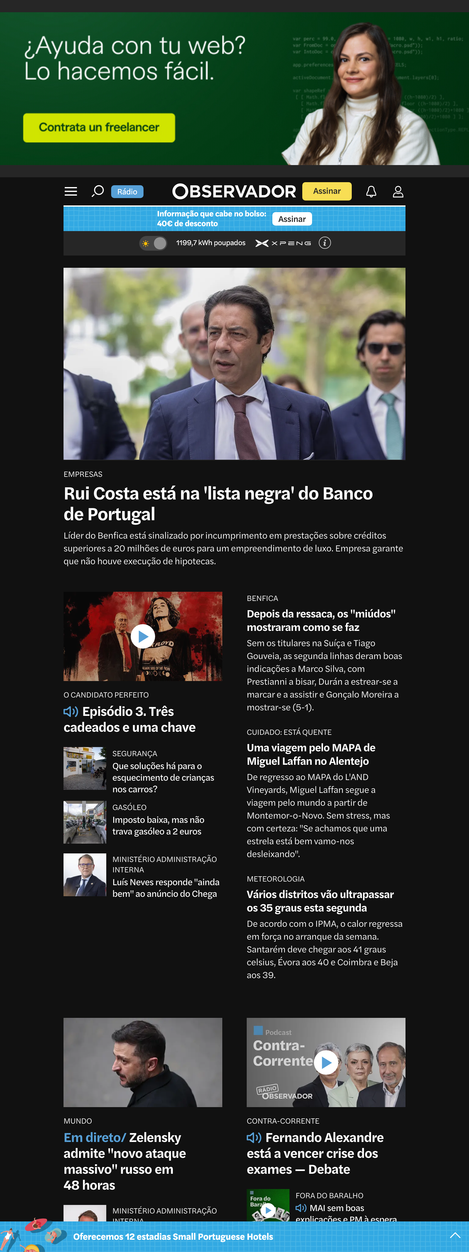 Screenshot of the Observador front page